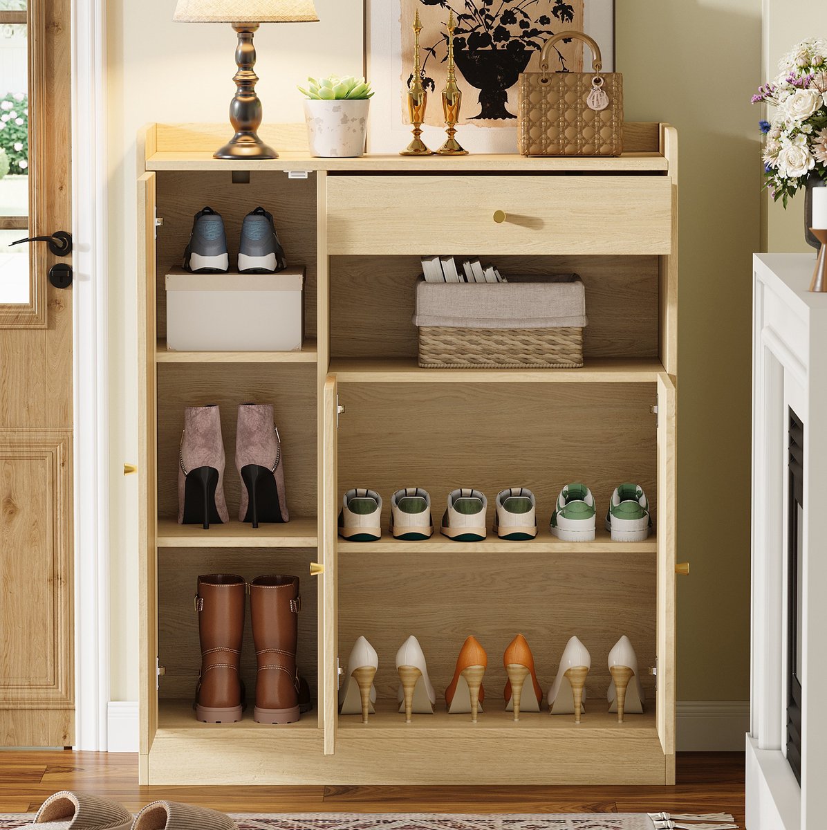 Schoenenkast - Rattan Met 3 Deuren En 1 Lade - Voor Hal En Eetkamer - Spaanplaat En MDF - Naturel - 90x35x110 Cm