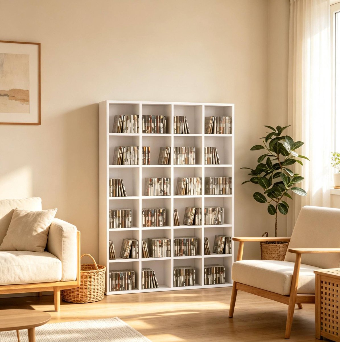 CD Opbergrek – Ruime Open Kast Met 4 Vakken En Verstelbare Legplanken – 89 x 20 x 130,5 cm – Spaanplaat – Wit – Voor Cd's, Dvd's En Games