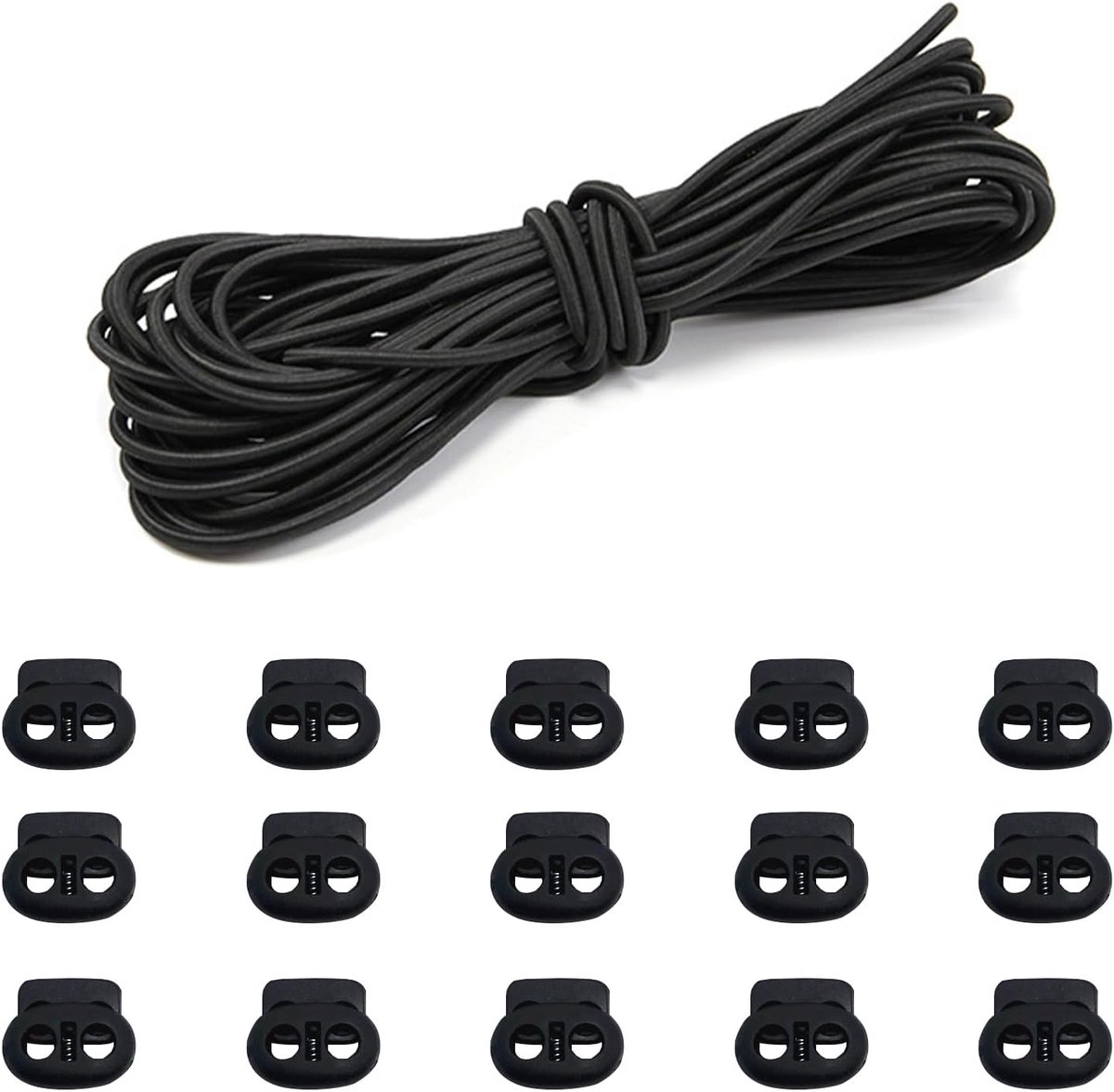 Cordlocks 15pcs - Zwarte kunststof - Dubbel gat - Ideaal voor trekkoorden - SnelShoppen