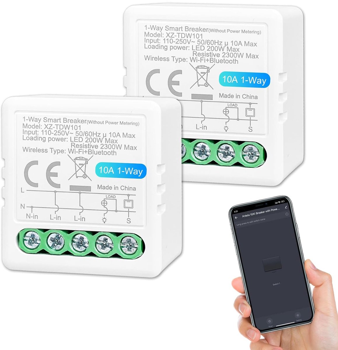 Smart Switch 1-Way 10A - Wi-Fi en Bluetooth - Compatibel met Alexa en Google Home - Gemakkelijke APP-bediening - SnelShoppen