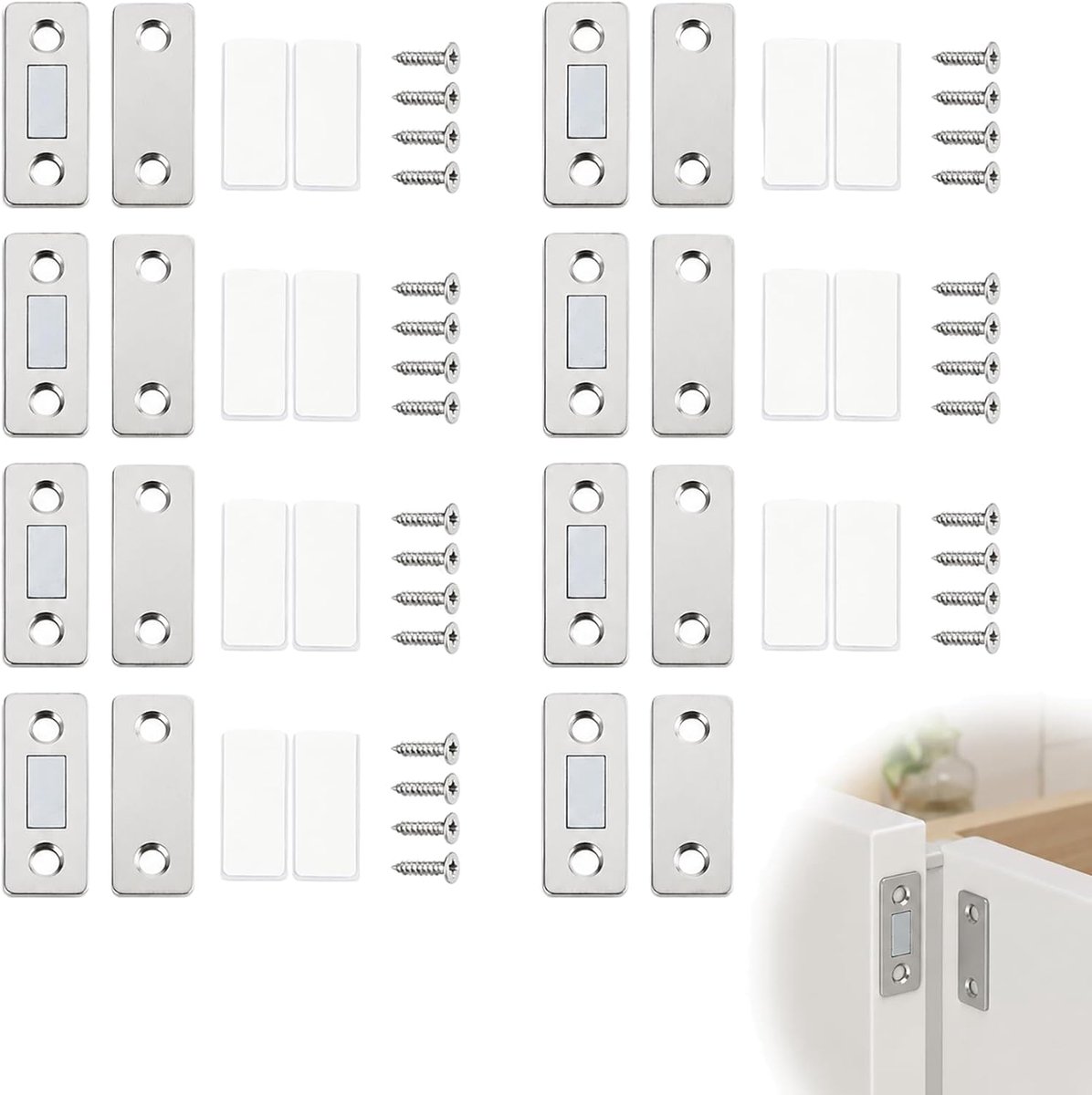 Deurmagnets 8-pack - zilver vlak - zelfklevend met schroeven - betrouwbare sluiting voor kastdeuren - SnelShoppen