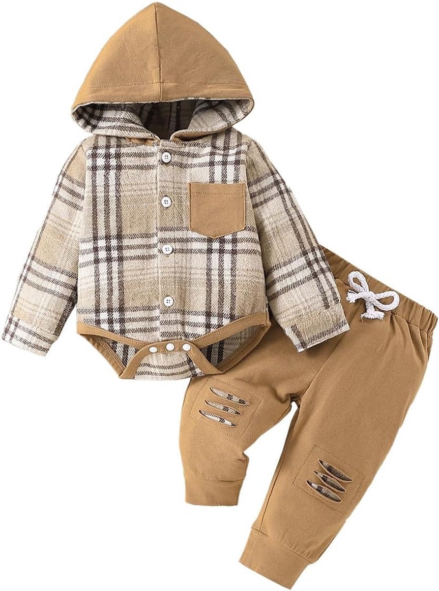 Bodysuit voor babyjongens - kleurblok met capuchon - ruitpatroon - comfortabele 2-delige set - SnelShoppen