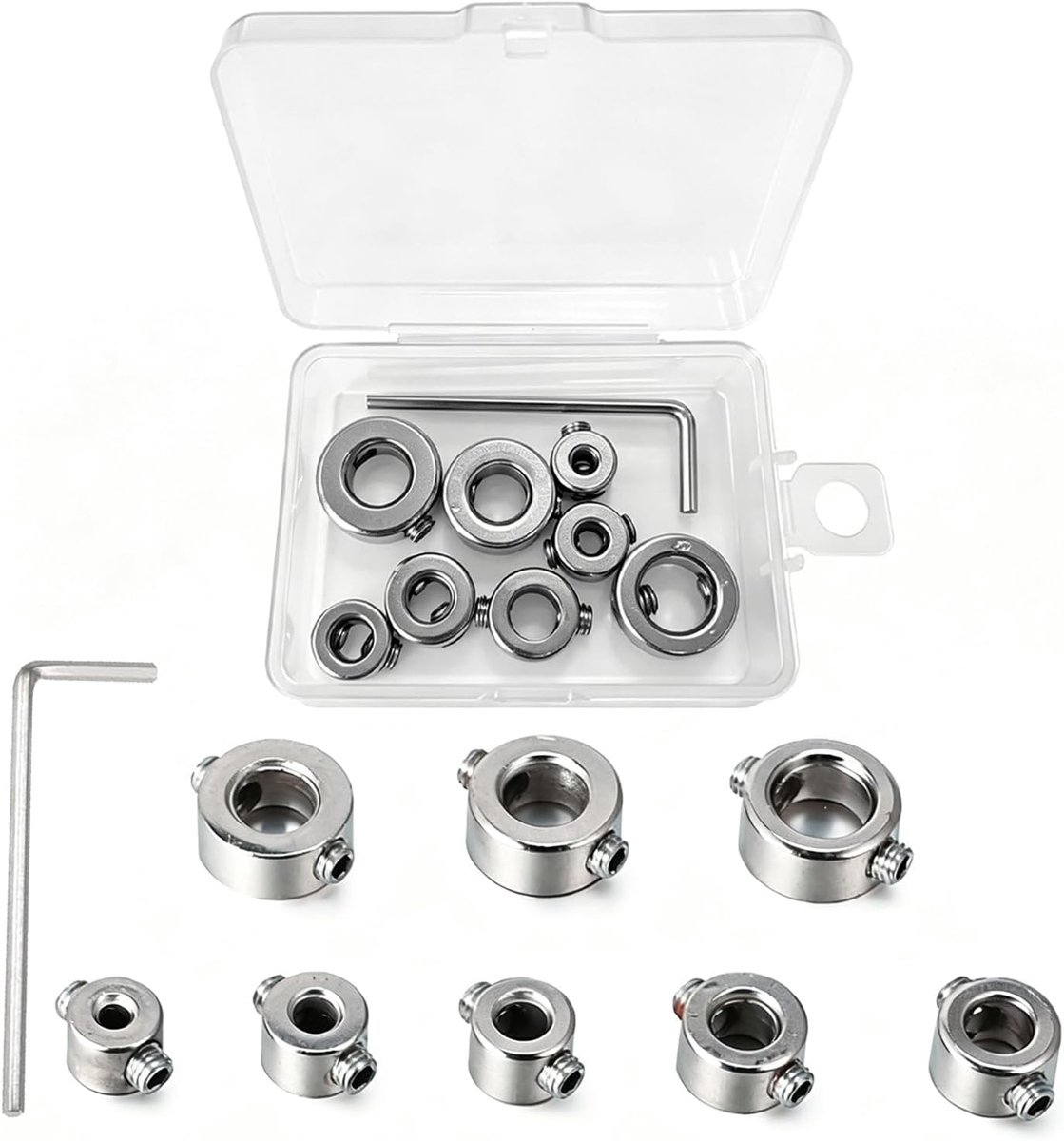 8 stuks boordiepte, aanslagring, 3-10 mm, boordiepteaanslag, positioneringsringen met zeskantsleutel voor hout en staal, essentiële accessoires voor doe-het-zelvers
