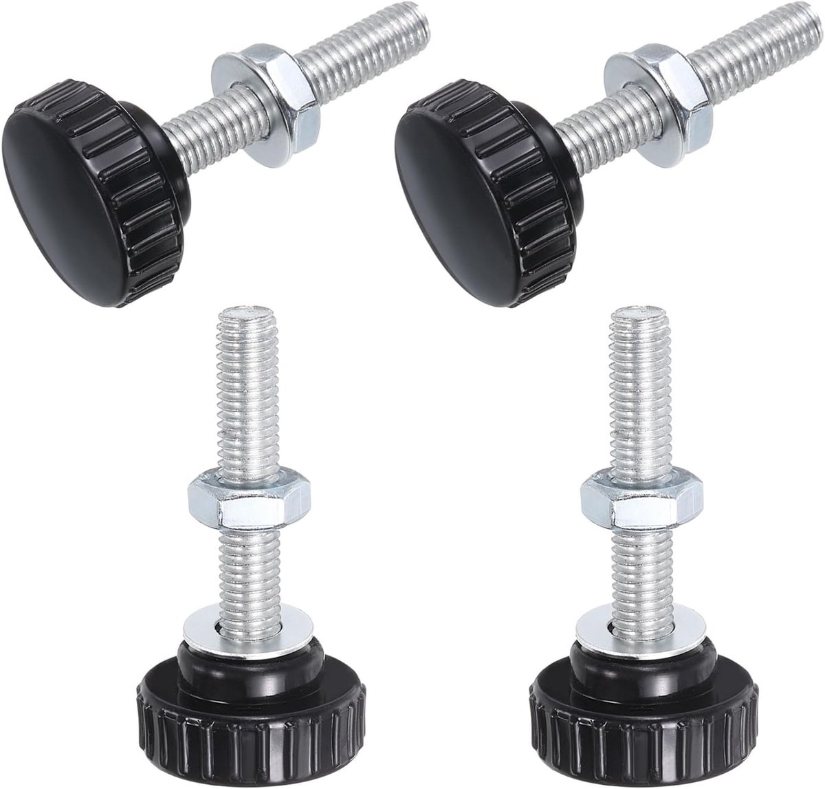 Set van 4 gekartelde knopen, duimschroeven, moeren, sluitringen, M8 x 45 mm schroefdraadlengte 30 mm, kunststof kop, verzinkte koolstofstaal, klemschroeven, handgrepen, zwart