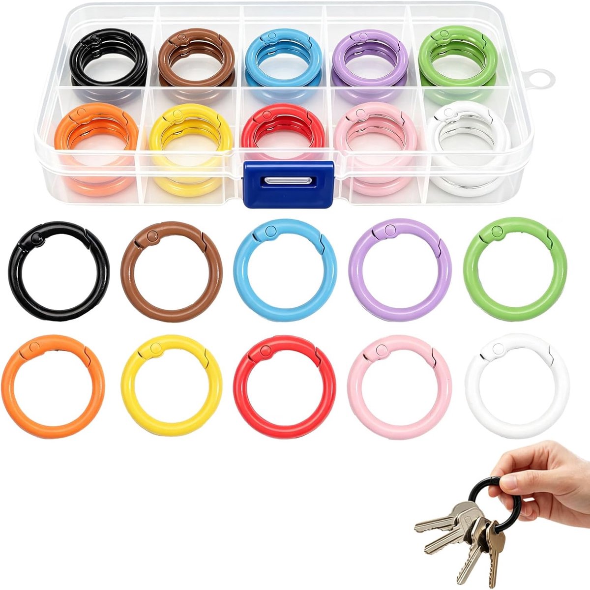 50 stuks kleine ronde karabijnhaken - 24mm O-ring karabijnring met opbergbox - Mini metalen veerringen in 10 kleuren - Handige sleutelhanger ringen voor doe-het-zelf handwerk, tas en rugzak