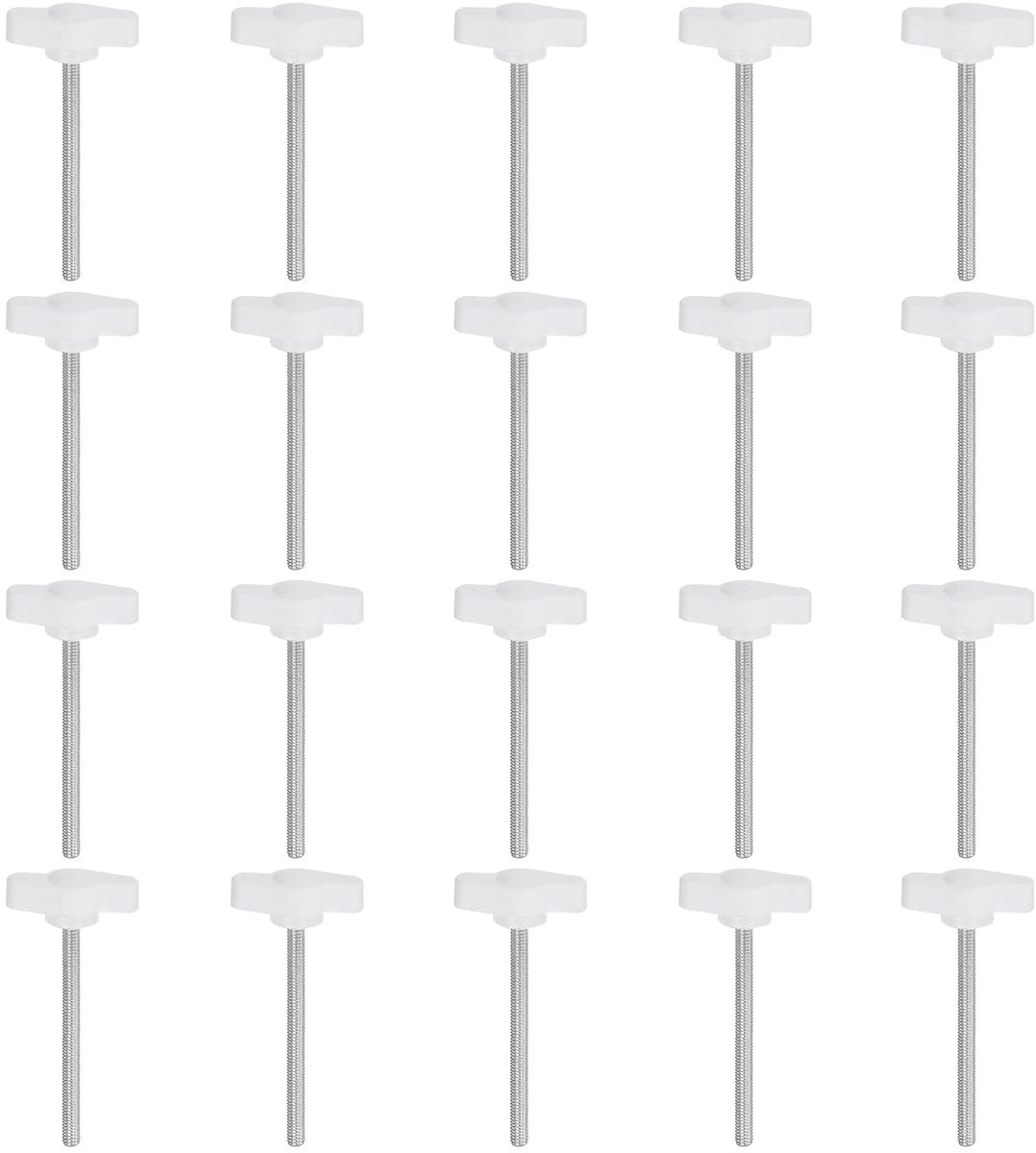 20 stuks T-vleugelknoppen oorschroeven M4 x 50 mm standaard mannelijke schroefdraad kunststof T-knoppen handgrepen handmatige klemknoppen handvat kartelschroef, wit