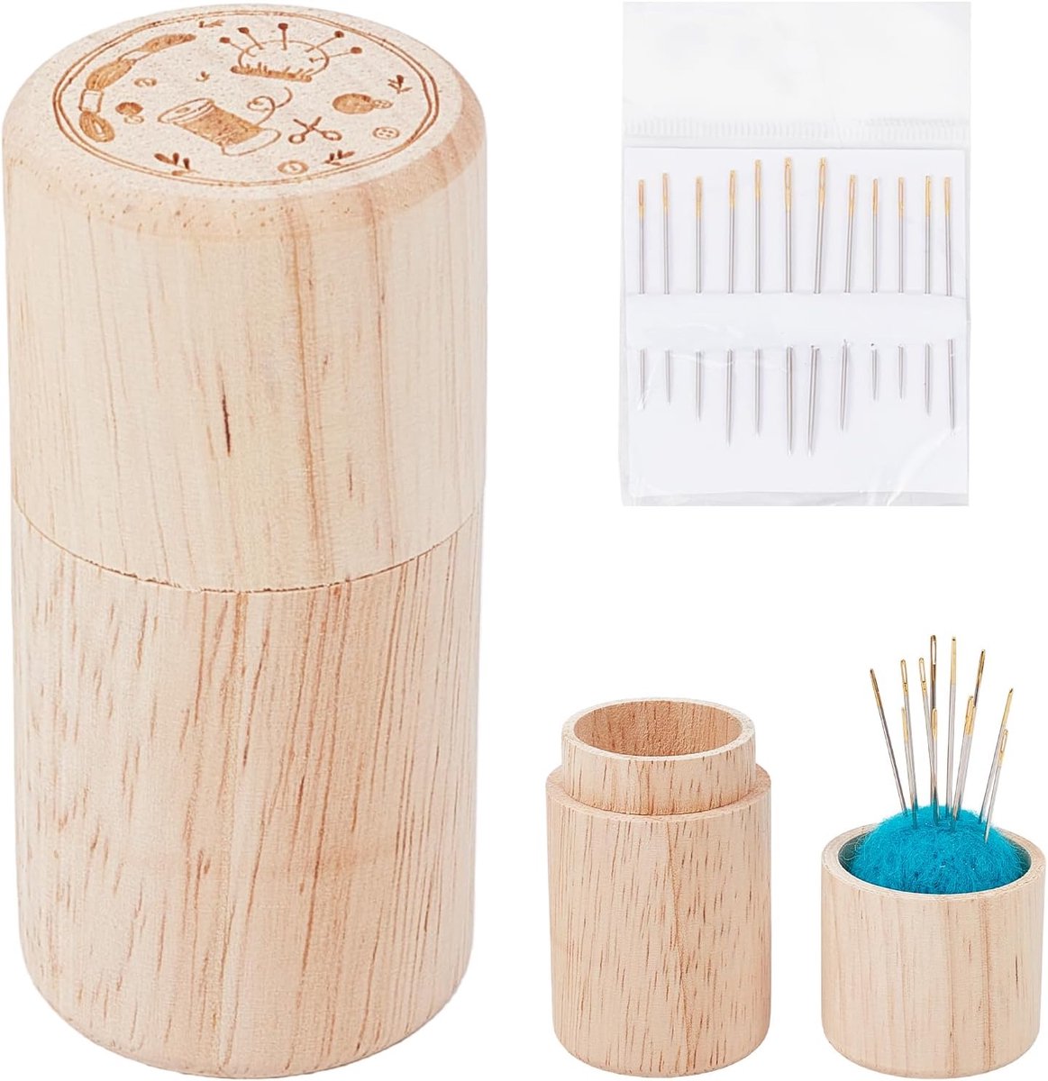 Letsinstyle Opbergtas van hout voor naainaalden, draagbare naainaaldhouder met 12 naalden, organizer voor onmisbare naai-accessoires, geschikt voor reizen