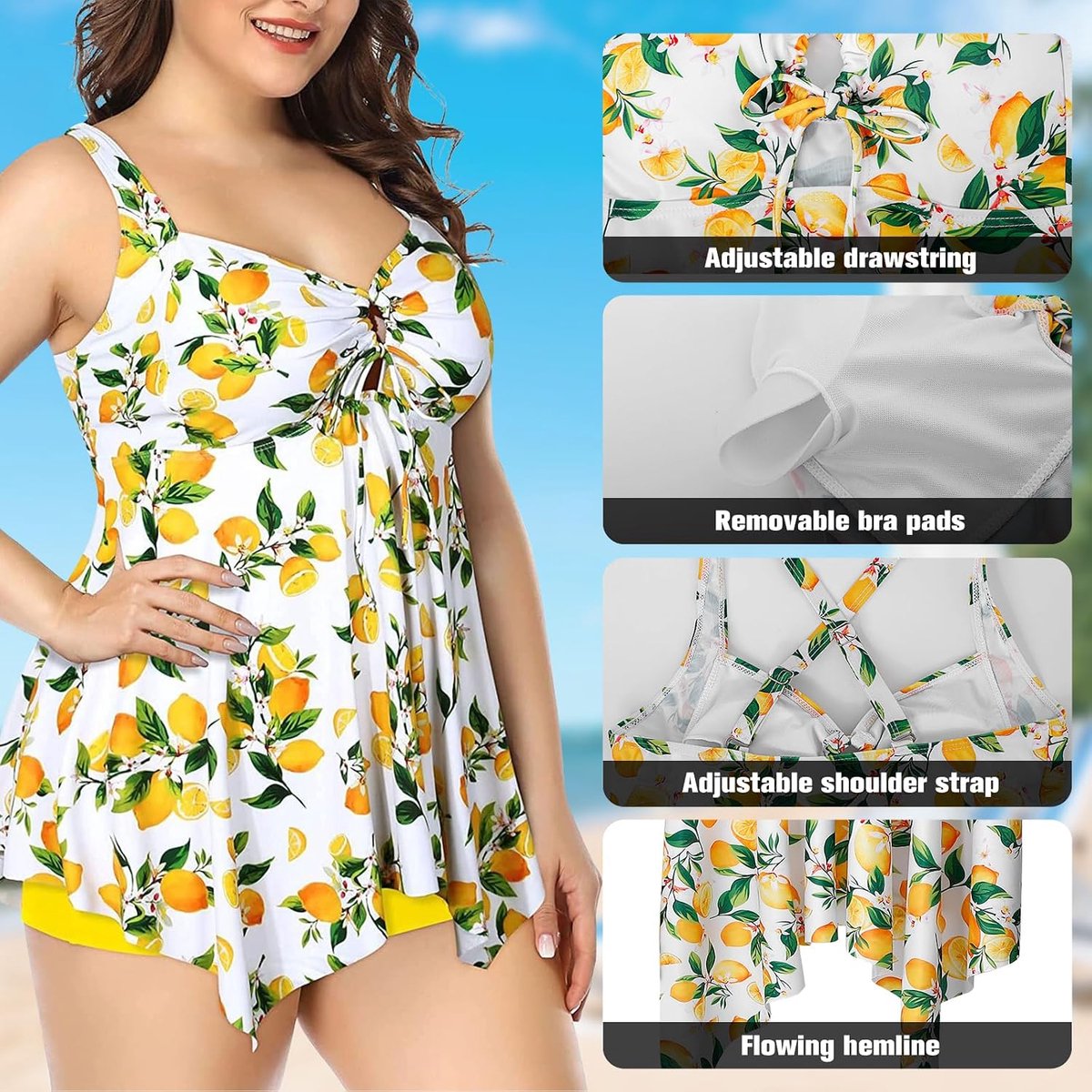 2-delig zwempak voor dames, vloeiende tankini met shorts, S-3XL dameszwemkleding met afneembare gewatteerde strandkleding, zwart, marineblauw, rood, geel, groen