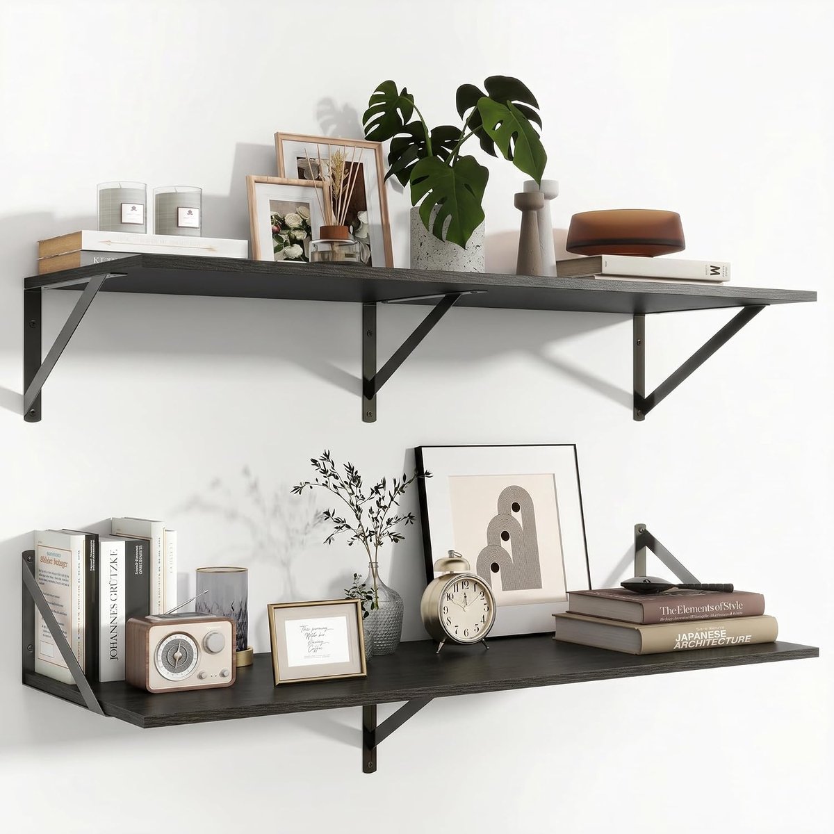 Set van 2 wandplanken, wandrek, 90 x 30 cm, zwart rek | Wandrek van hout met metalen houder, planken voor woonkamer, badkamer, keuken, werkkamer, slaapkamer
