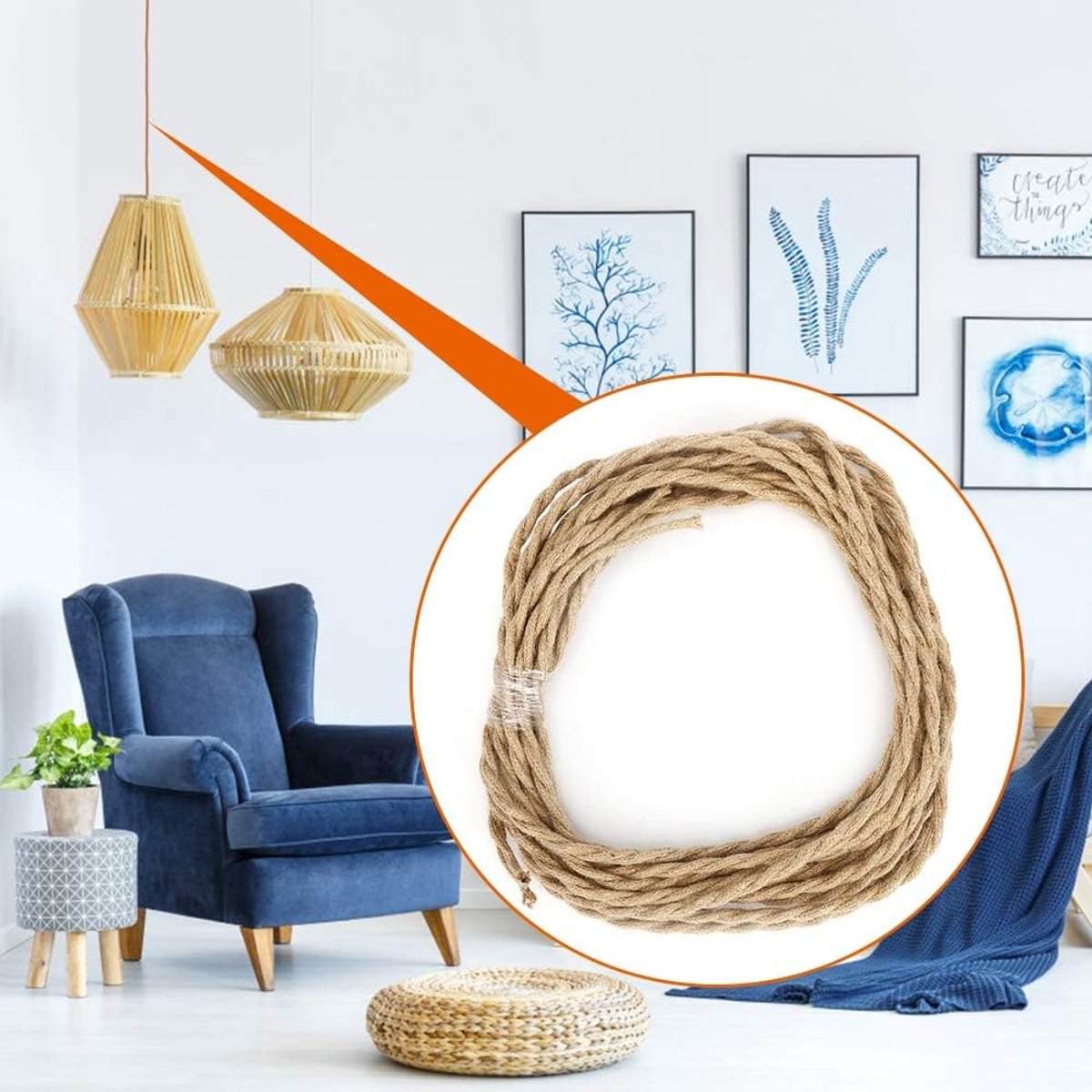Draad Vintage hennep touw gedraaid paar elektrische draad kabel DIY accessoires voor kroonluchter licht
