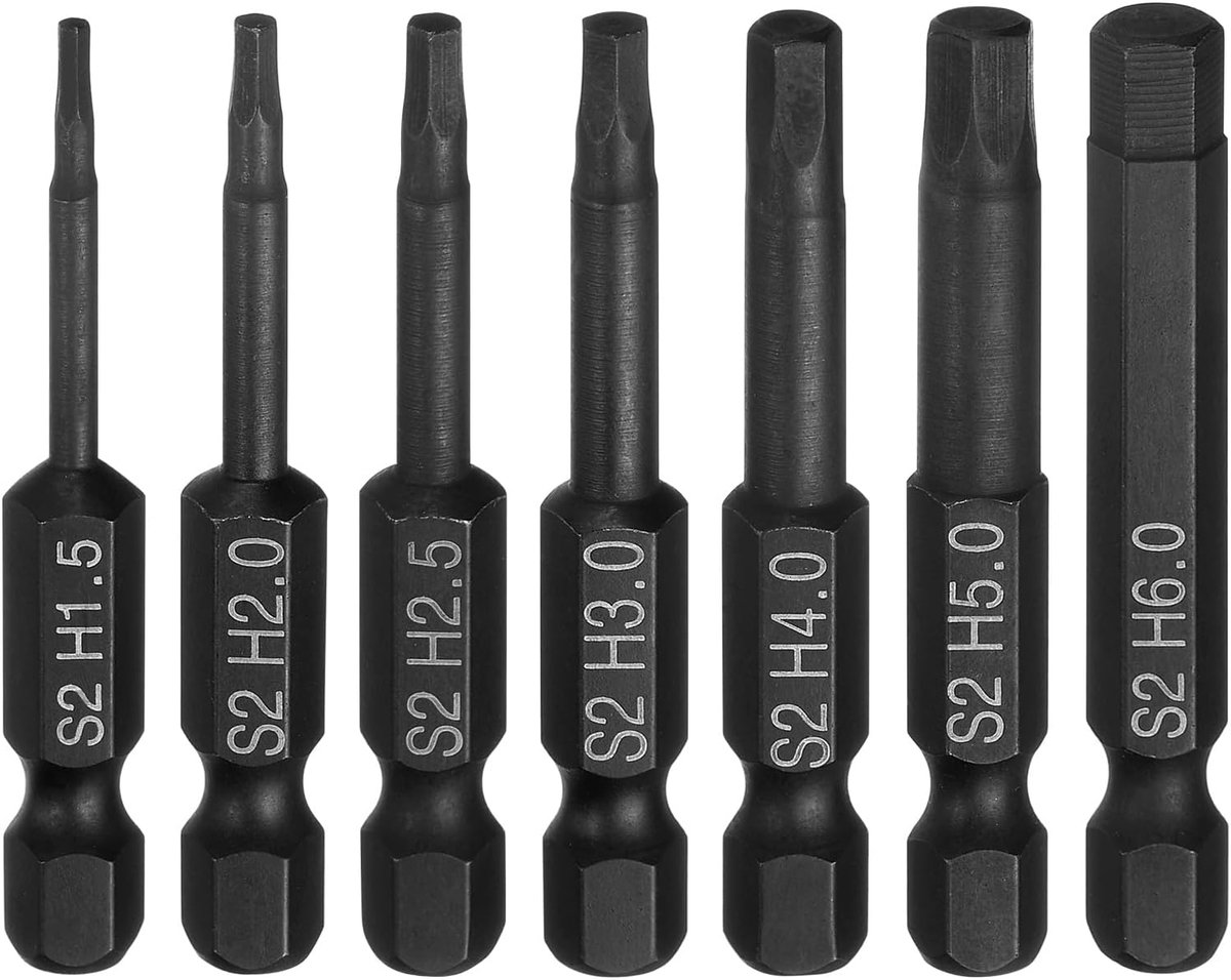 7 stuks H1,5/H2/H2,5/H3/H4/H5/H6 inbusbitset, 50 mm lange schroevendraaierbits met magnetische 1/4 inch zeskantschacht S2 staal voor accuschroevendraaier, gereedschap (zwart)