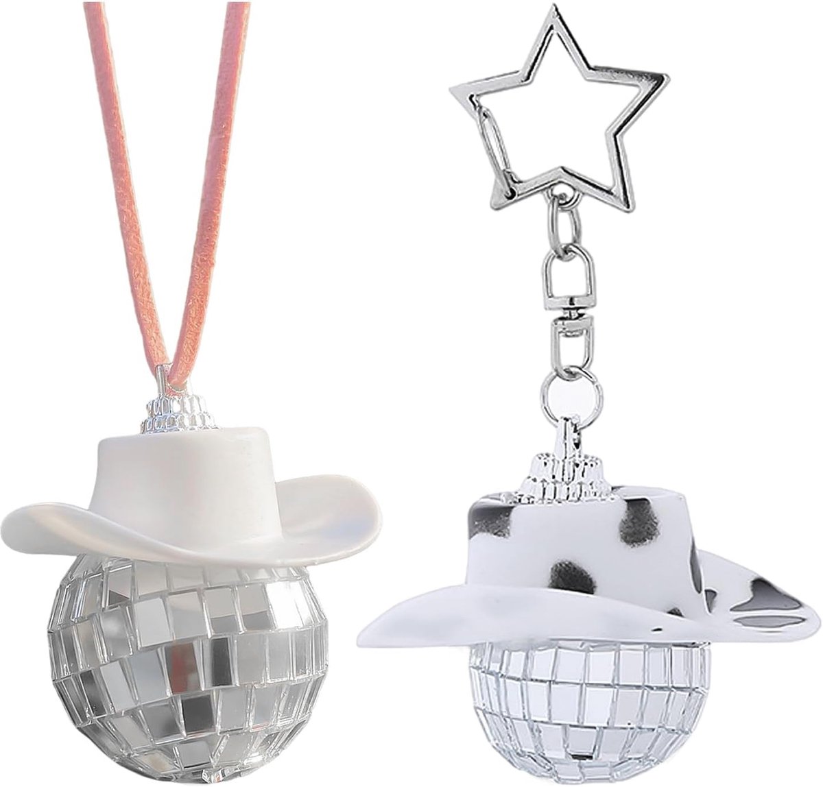 1 schattige autoaccessoires discobal cowboyhoed en sleutelhanger, autocadeaus voor mannen en vrouwen, grappige auto-hanger versiering, versier je voertuig met discobal auto-accessoires
