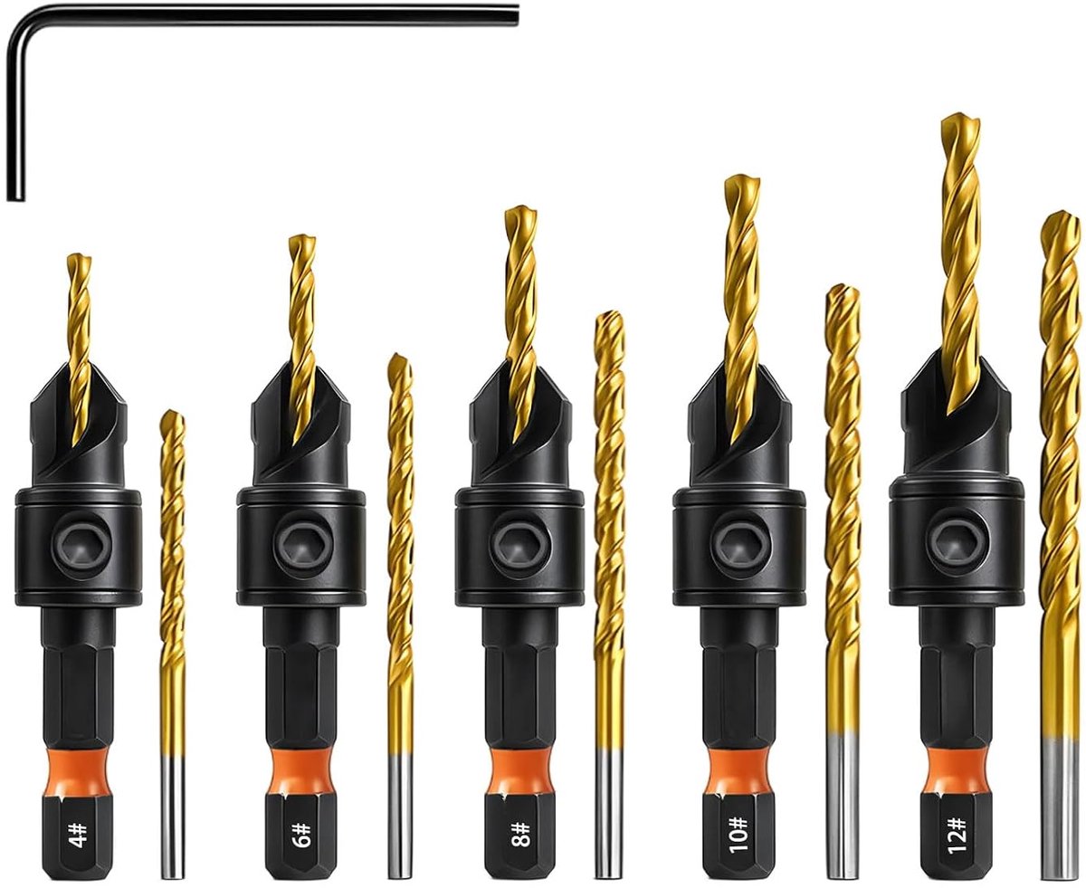 11-delige houtset, HSS verzonken houtboor, kegelboor set met 1/4" hex schacht, in diepte verstelbaar, maten 1,9 mm, 2,3 mm, 2,7 mm, 3,1 mm, 3,4 mm
