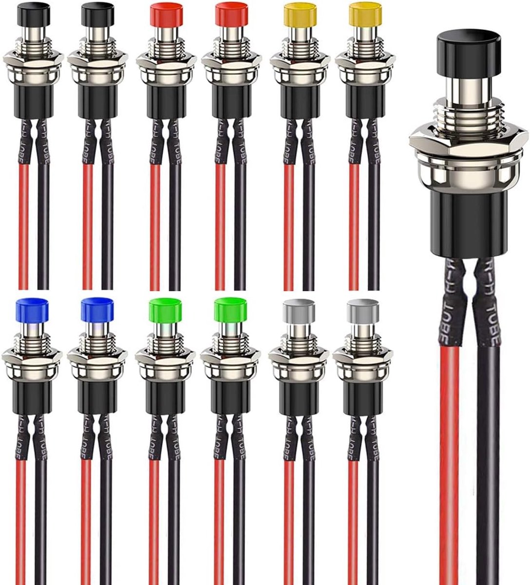12stks 7mm 3V-6V-12V-24V-230V / 1A Voorbekabelde Mini Momentary Drukknop, SPST Nomal Open AAN/UIT 2Pin Ronde Knop voor Modelspoor Hobby