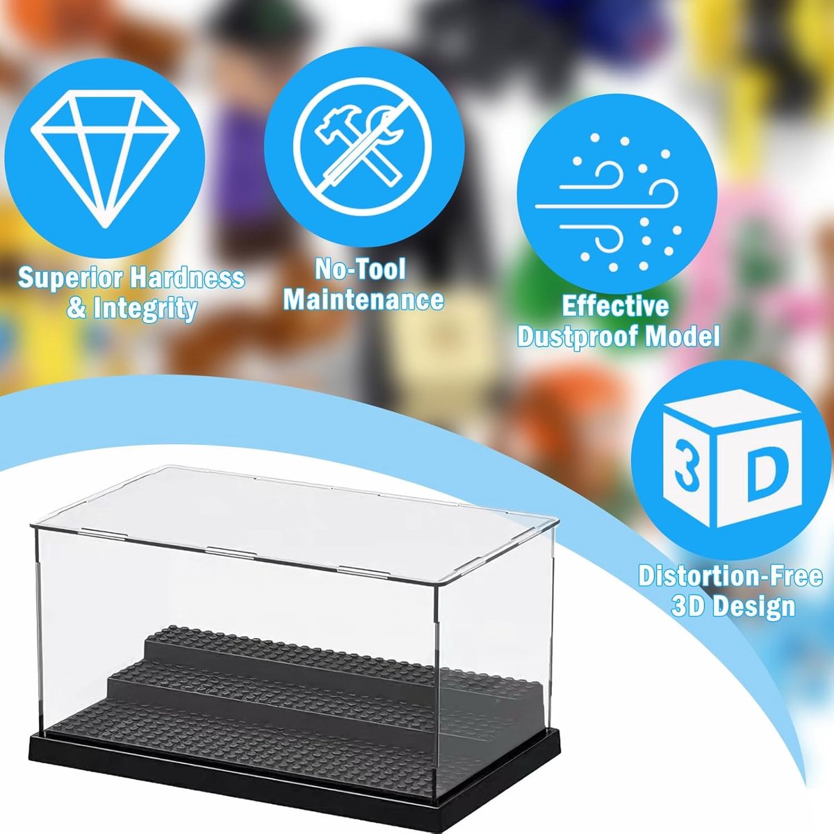Set van 2 Acryl Vertoonkast, 3-Laags Stapelbare Transparante Display Box met Nop Basisplaten, Stofvrije Opbergdoos voor Blokken Modellenen Verzamelmodellen, Minifigures (Zwart)