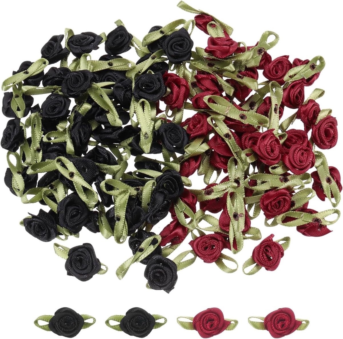 100 stuks wijnrood/zwarte bandrozen, 5/8 inch x 1-3/16 mini-rozen voor naaiwerk, applicaties, knutselen, kleine satijnen strikken, kunstbloemen