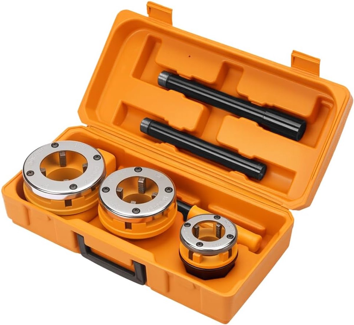 Pijpdraadsnijderset, 3-delig, 1-1/4"-2", 9CR2 snijbekken, verchroomde platen