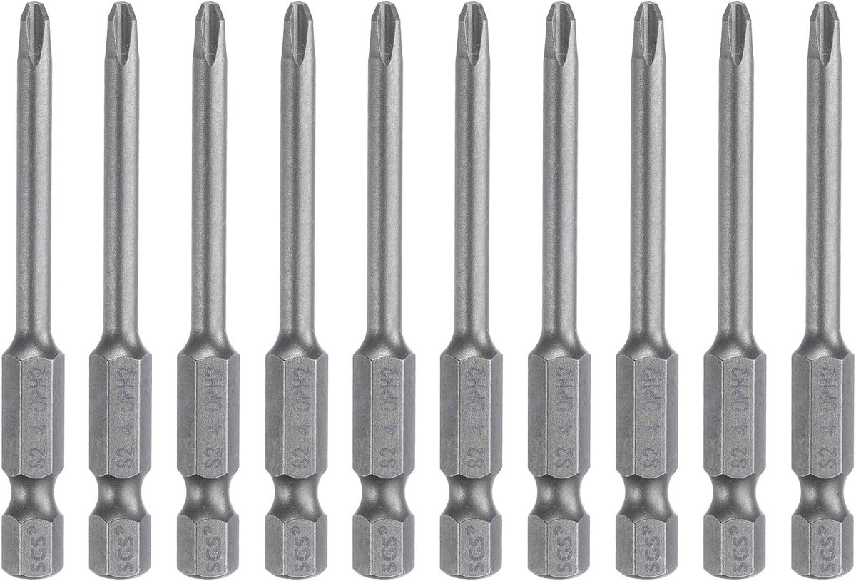 10 stuks #2 Phillips schroevendraaierbit PH2 1/4 inch zeskantschacht 2,56 inch (65 mm) lang magnetisch S2 staal industriële kwaliteit schroevendraaier bit kruiskop bits 0,157 inch (4 mm