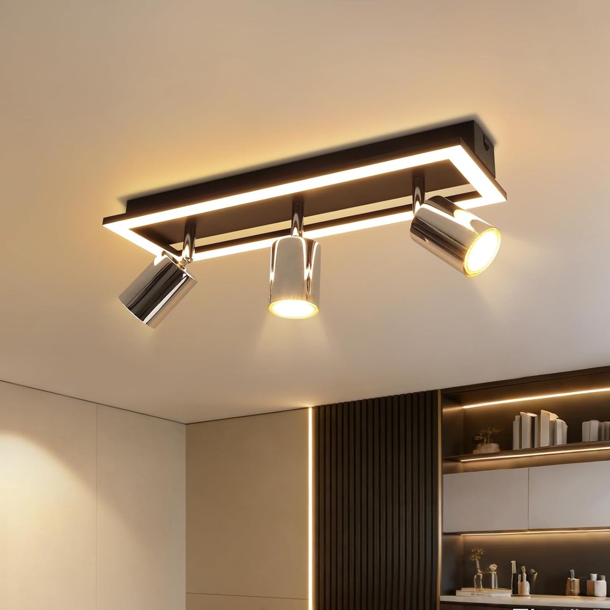 3-Vlams LED Plafondspot, 42CM, Draaibaar, Modern Design, Nikkel | Verstelbare Plafondlamp met GU10-fitting voor Woonkamer, Keuken en Kantoor – Hoogwaardige Spots (Zonder Lichtbron)