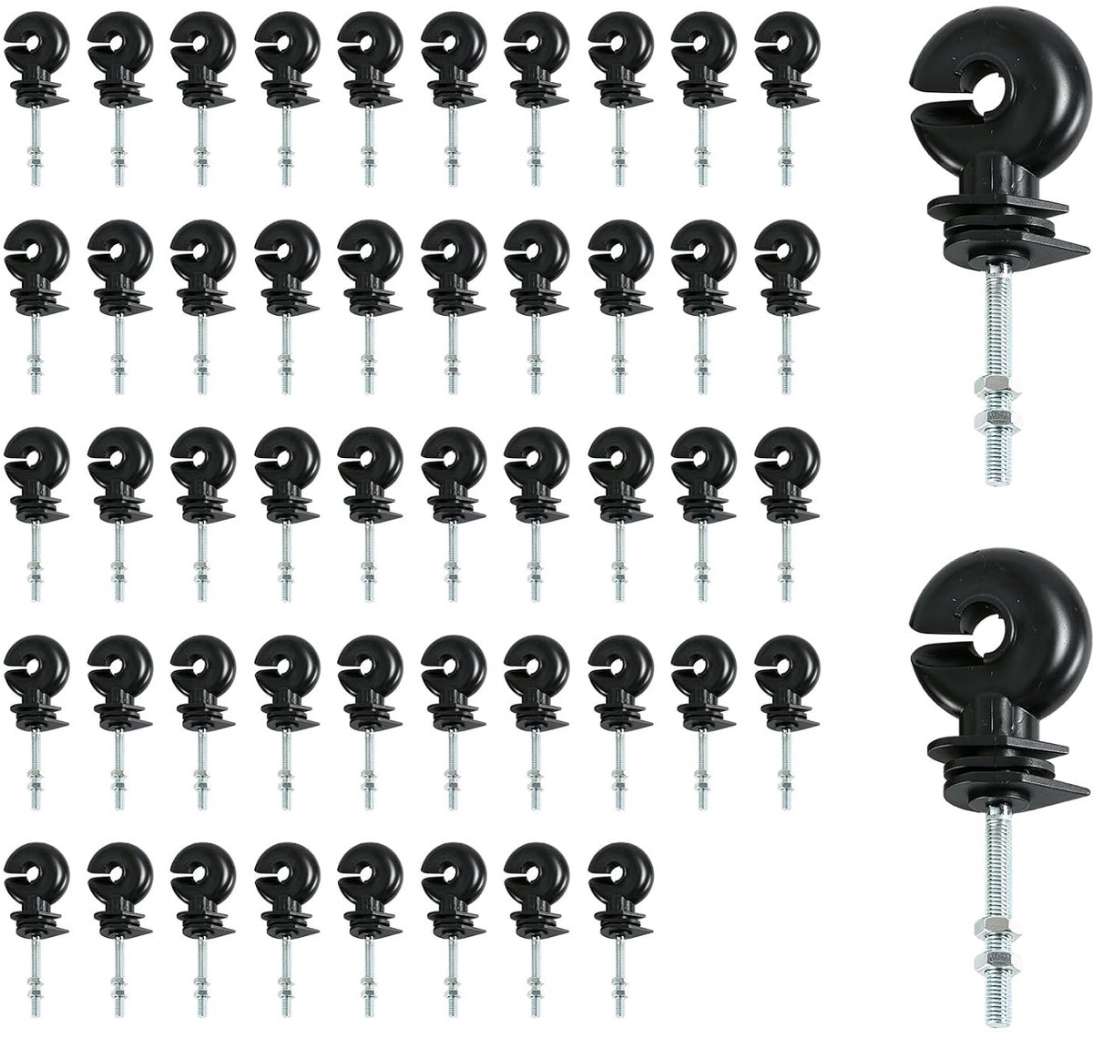 50 stuks, schroefisolator voor elektrisch hek, 90 mm met 50 mm kruipafstand, kunststof met verzinkt staal, voor houten palen, hekbouw, landbouw (zwart)