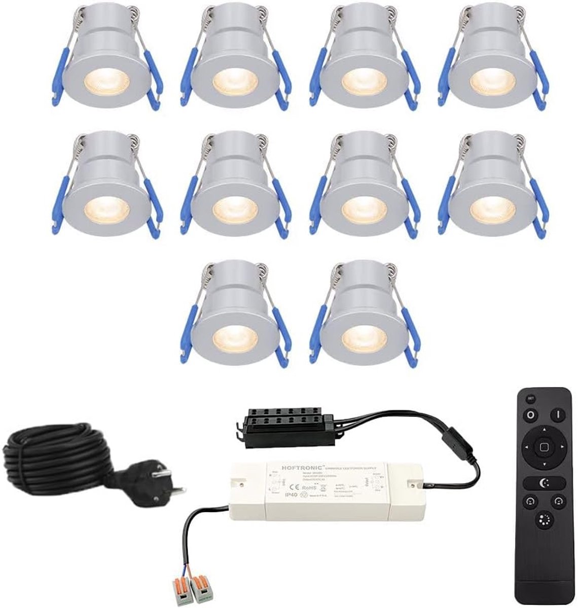 Hoftronic inbouwspots set 10 stuks 12V dimbaar IP65 waterdicht 3W 200 lumen 2700K warm wit RVS aluminium veranda verlichting met afstandsbediening