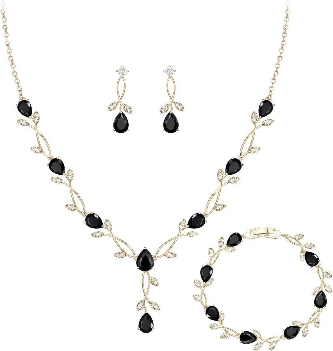 Zirkonia-sieraden voor dames, bruiden, fonkelende druppel-marquise-geboortesteen-blad-halsketting, oorbellen, armbandset voor eindexamenfeest