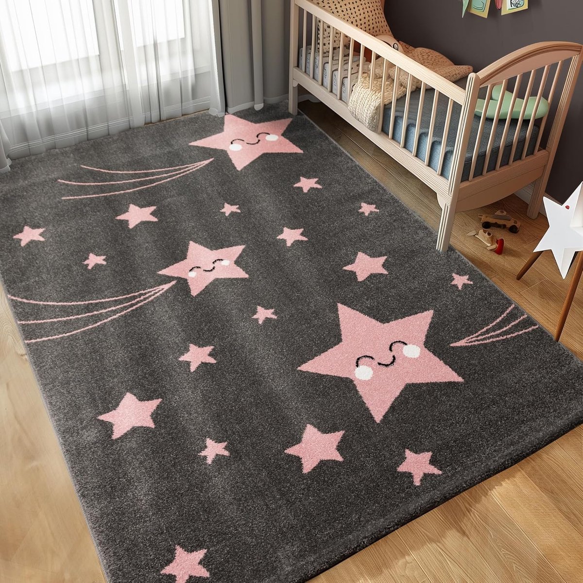 Meisje schattig sterontwerp, babykamertapijt, onderhoudsvriendelijk voor kinderkamer, Kleur: Roze, Maat: 200 x 290 cm