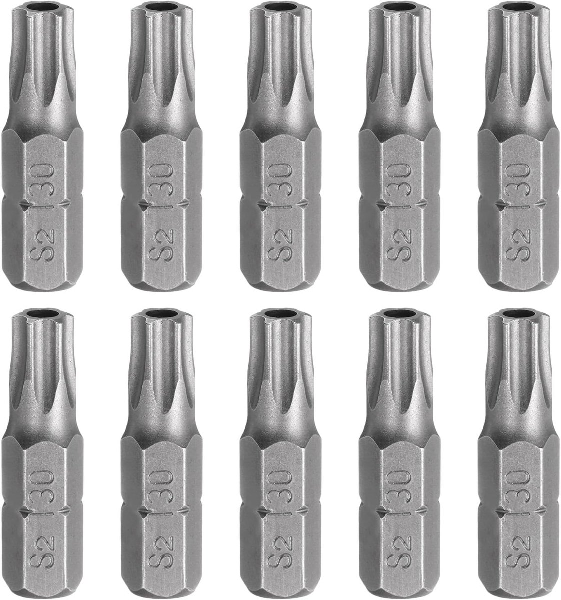 10 stuks T30 Torx schroevendraaierbits 1/4 inch zeskantschacht 25 mm lengte S2 staal ster 6-punts kop zeskant met gat voor slag elektrische schroevendraaier grijs