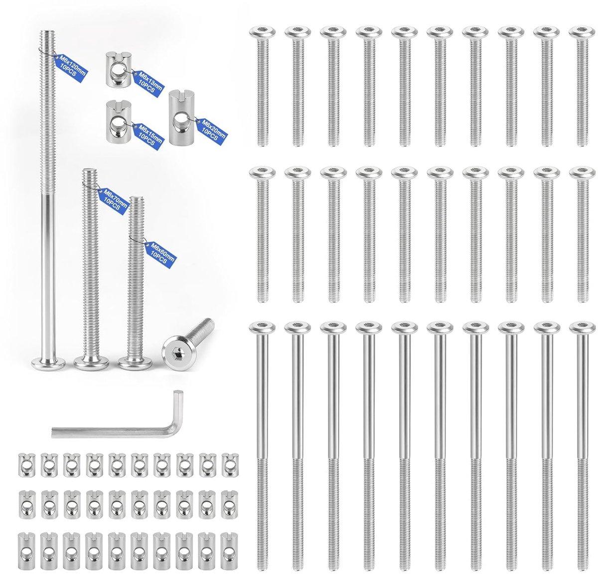 60 stuks meubelschroeven met cilindermoeren (set B) incl. symmetrische doorgangsmoeren M6 x 13/15/20 mm en schroeven M6 x 60/70/120 mm (elk 10 stuks) hulsschroeven voor doe-het-zelf