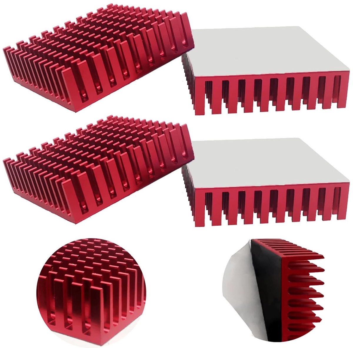 Koellichaam, 4 stuks aluminium heatsink L40 mm x B40 mm x H11 mm, rood koellichaam met 3M-plakband, voor high-power led-versterker transistor