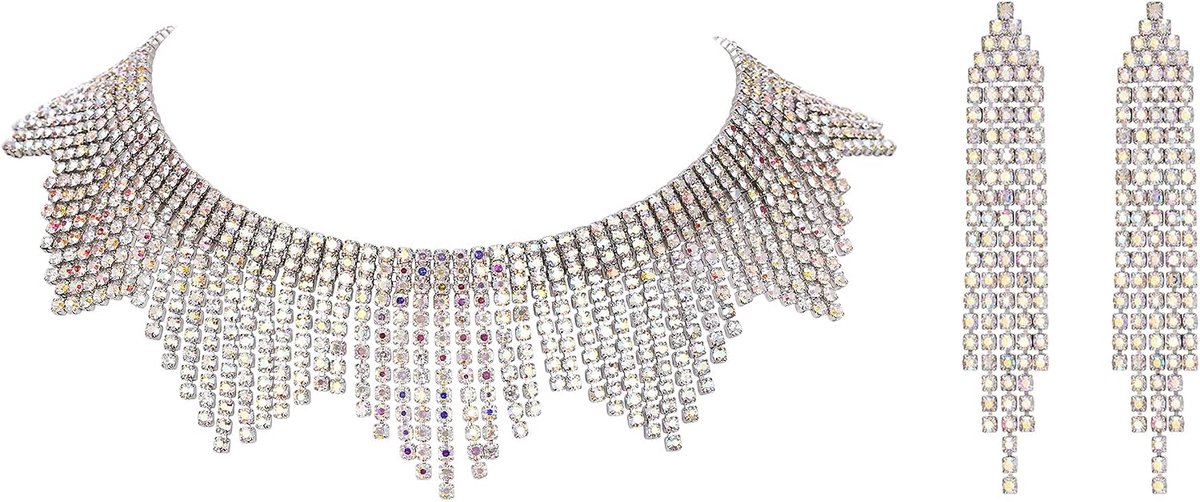 Sieradenset met strassteentjes, fonkelende kristallen franjes, ketting, kwast, choker, halsketting, kroonluchter, oorbellen