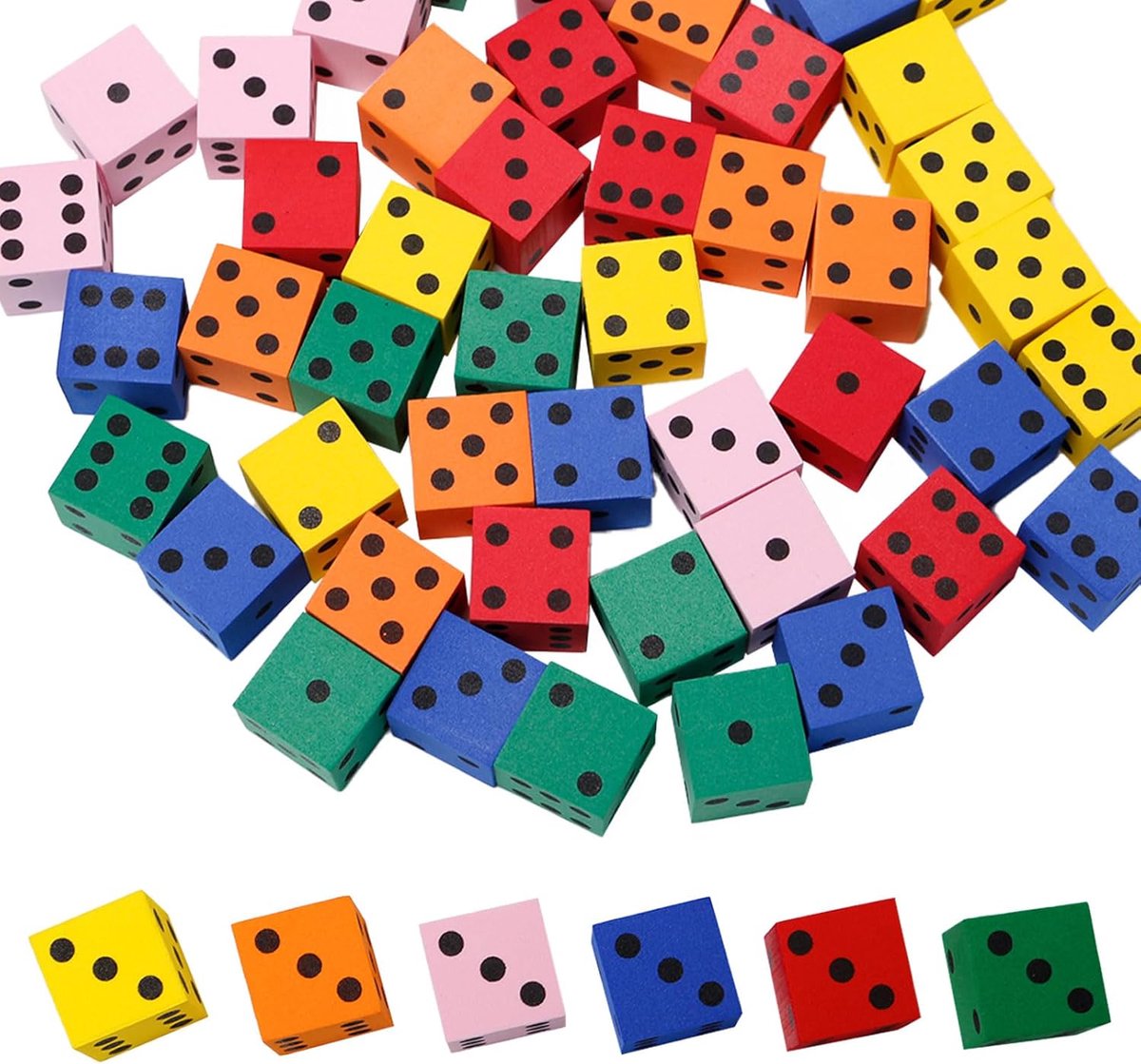 48 stuks dobbelstenen van schuimrubber, 2 cm, kleine schuimrubberen dobbelstenen | Voor kleuterschool, kleuterschool, klaslokaal, wiskundespelletjes, meerkleurig