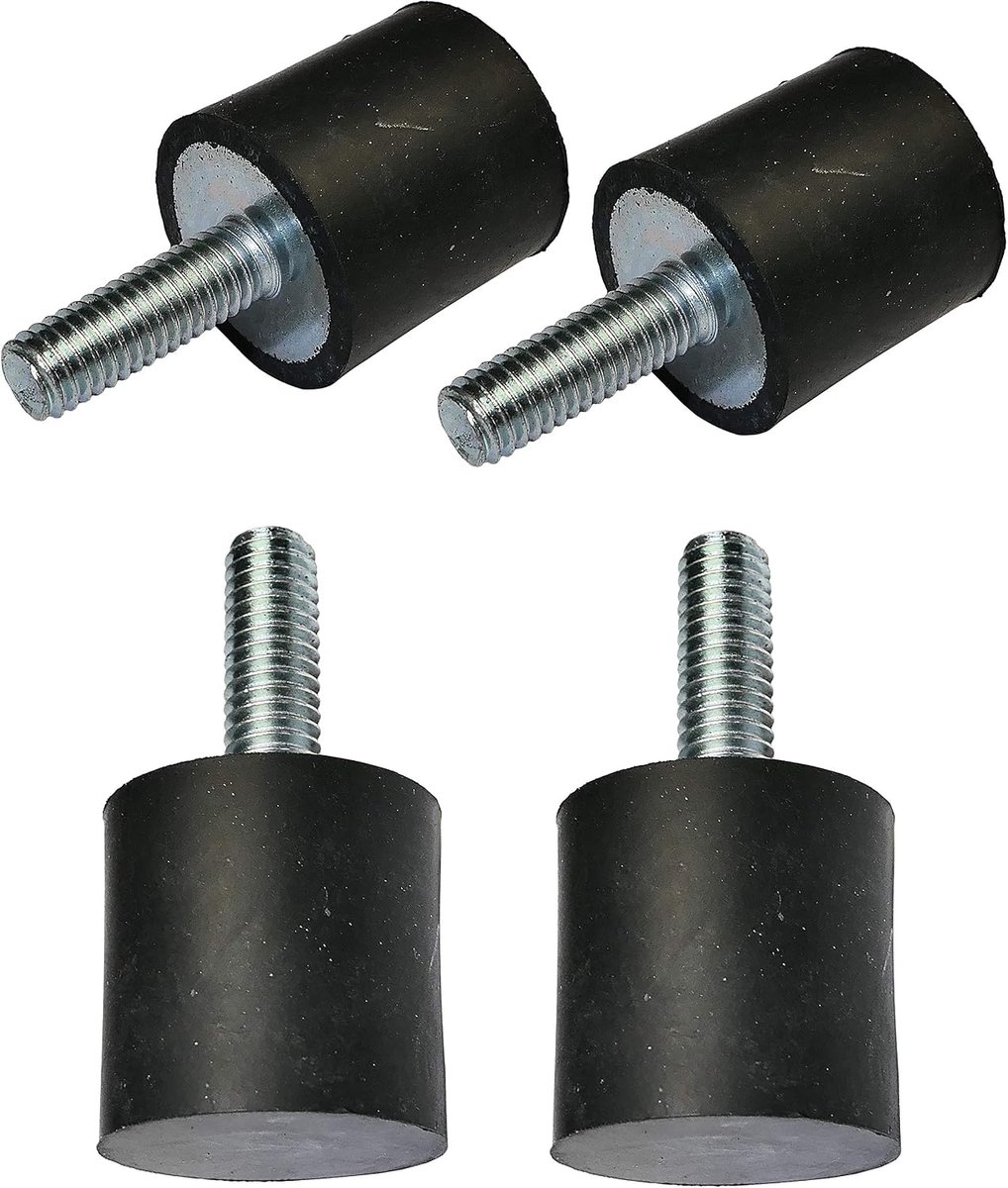 - Set van 4 ronde anti-trillingsvoetjes van rubber en staal - schroefdraad M6 - Ø 20 mm H: 20 mm - hardheid Shore 55 ± 5 - zwart en zilver - belasting 302N 30,8 kg x 4