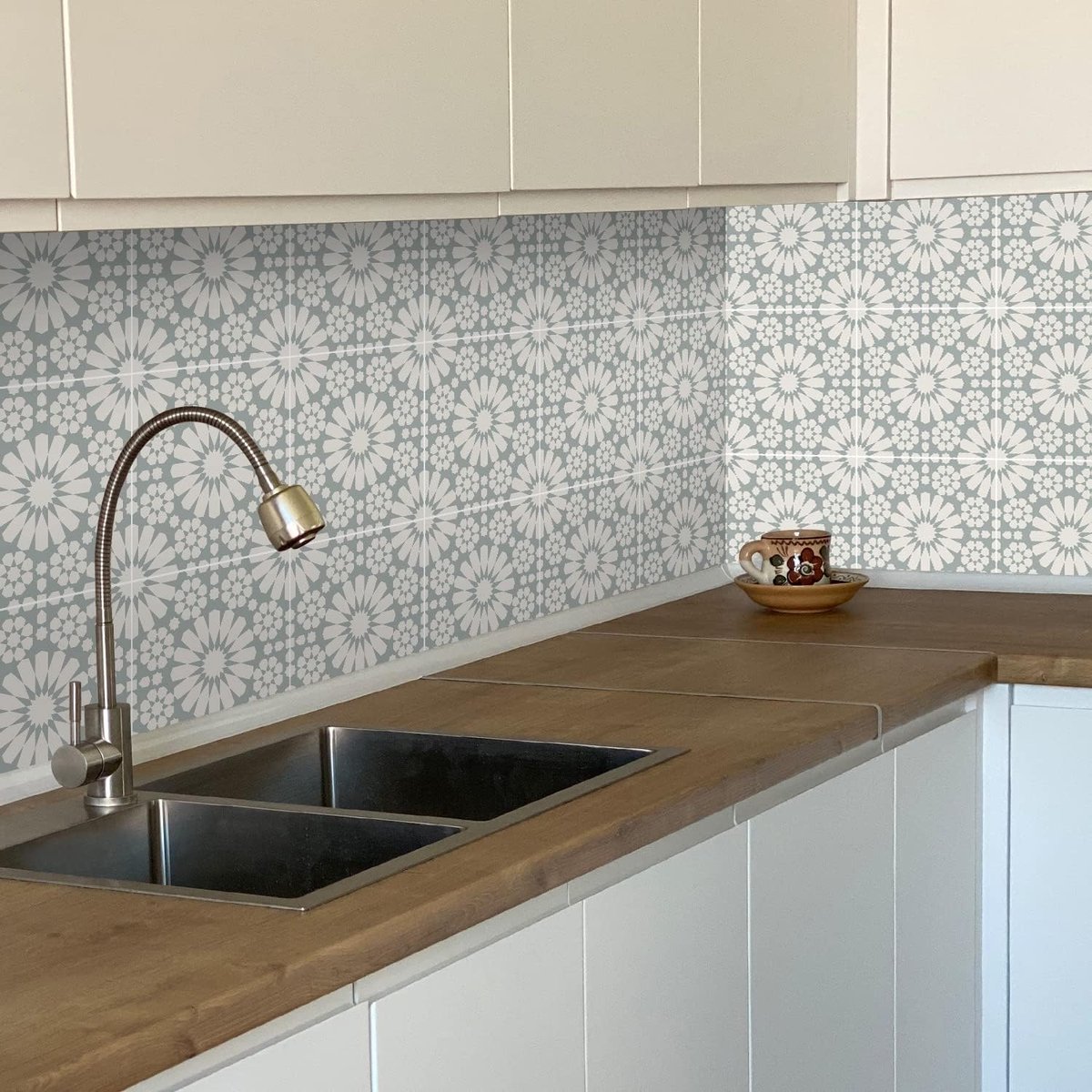 12 stks x 20 cm retro grijs madeliefje tegel sticker, zelfklevende stok op tegels transfer sticker voor badkamer keuken, spatbord voor fornuis, peeling en plak lijm vinyl wandtegels sticker