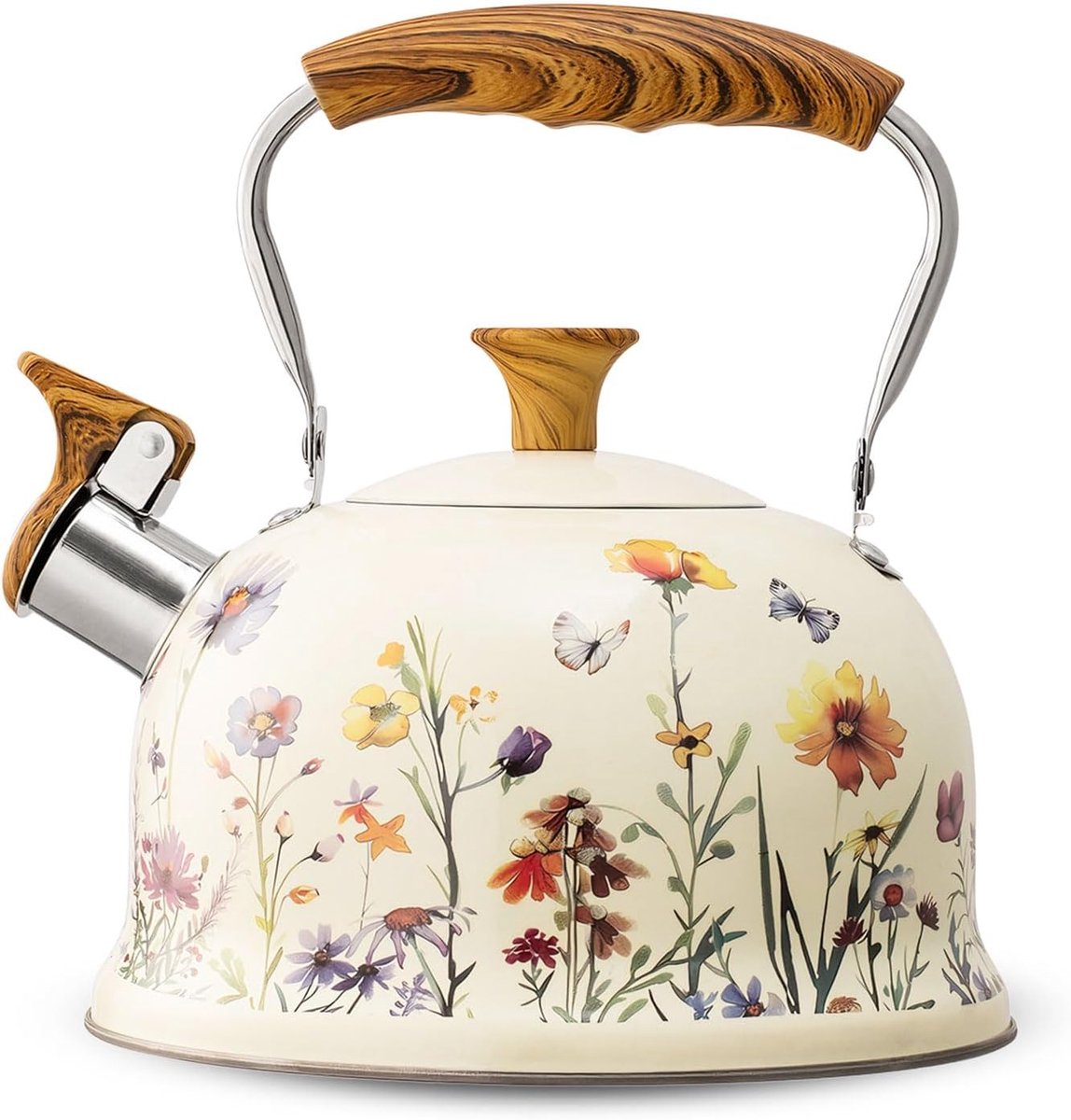 Waterketel van roestvrij staal (3L), fluitketel met inklapbare handgreep, waterkoker voor inductie en gasfornuis, theeketel voor thee en koffie, alle kookplaten (wit en paars)