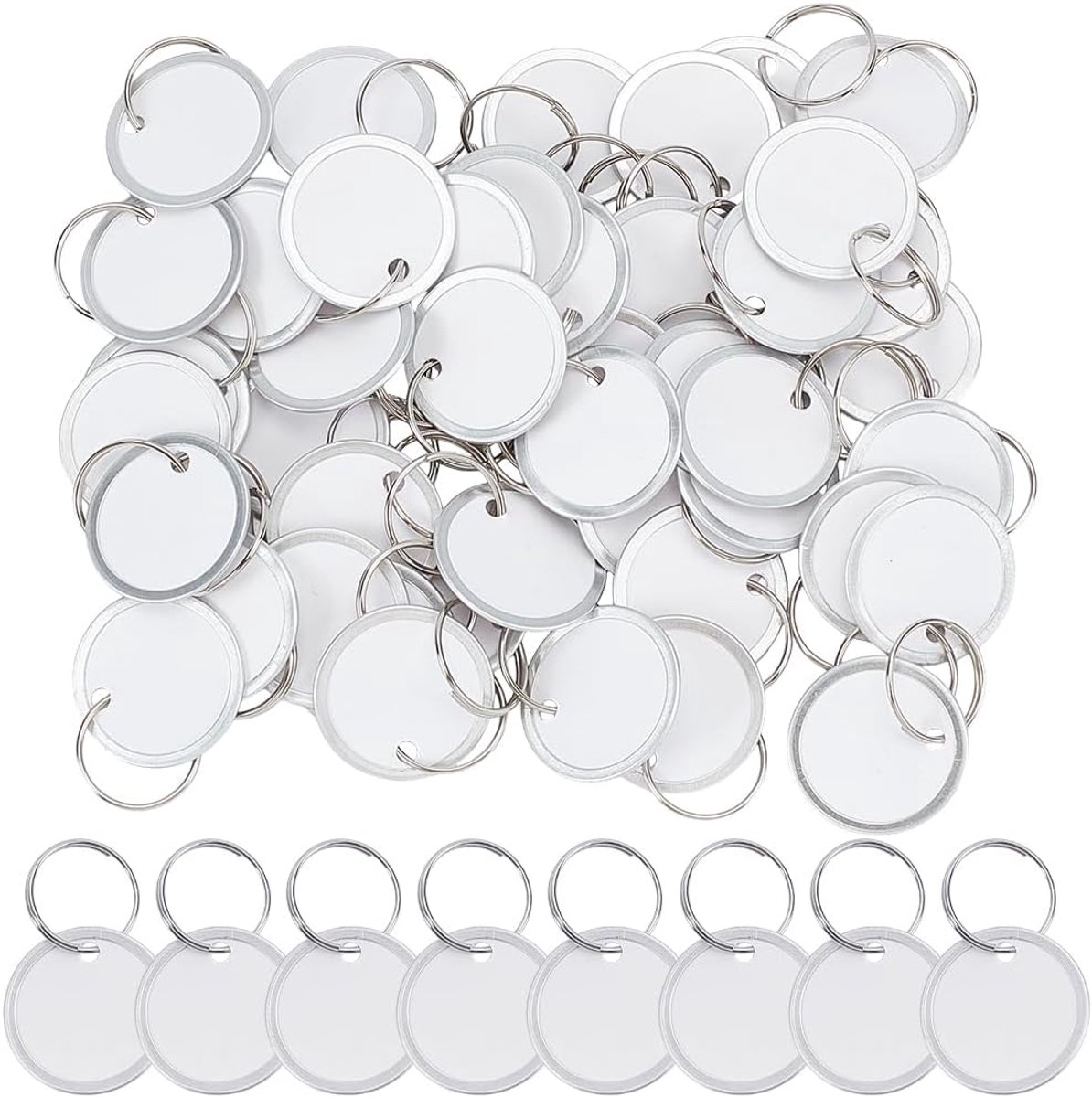 Sleutelhanger, rond, 2,5 cm, om te schrijven, met gedeelde ringen, grootverpakking, dubbelzijdig schrijfpapier, robuust en licht aluminium frame, 50 stuks