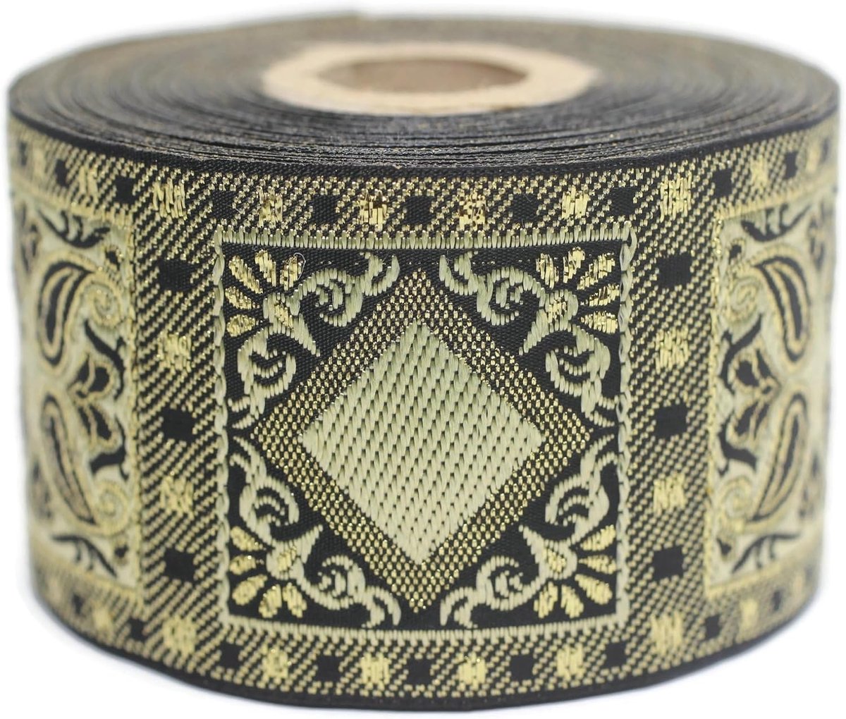 Jacquard-lint, geel en goud, metallic, geometrisch, 10 m x 50 mm, rol borduurband voor naaien, decoratie 50587-V5