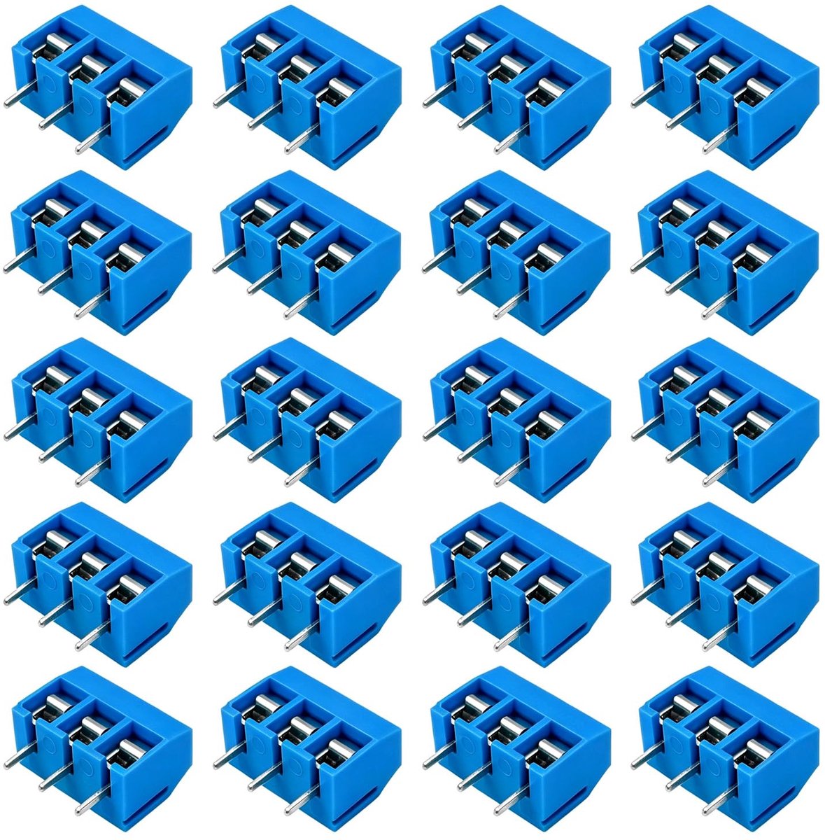 20 stuks blauwe 3-pins PCB Mount Schroef Terminal Block Set, 5,08 mm Pitch PCB Schroefklemblok Connectors (10A / 300V)