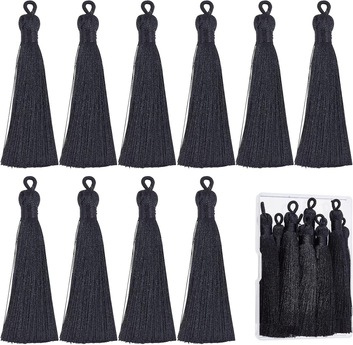 1 Doos 10Pcs Zwarte Bladwijzer Kwastje Handgemaakte Kwastjes Grote Nylon Kwastjes Met Opknoping Lus Voor Sieraden Maken Sleutelhanger Oorbel Armband Souvenir Afstuderen Kleding Gift Tag Diy Craft Projecten