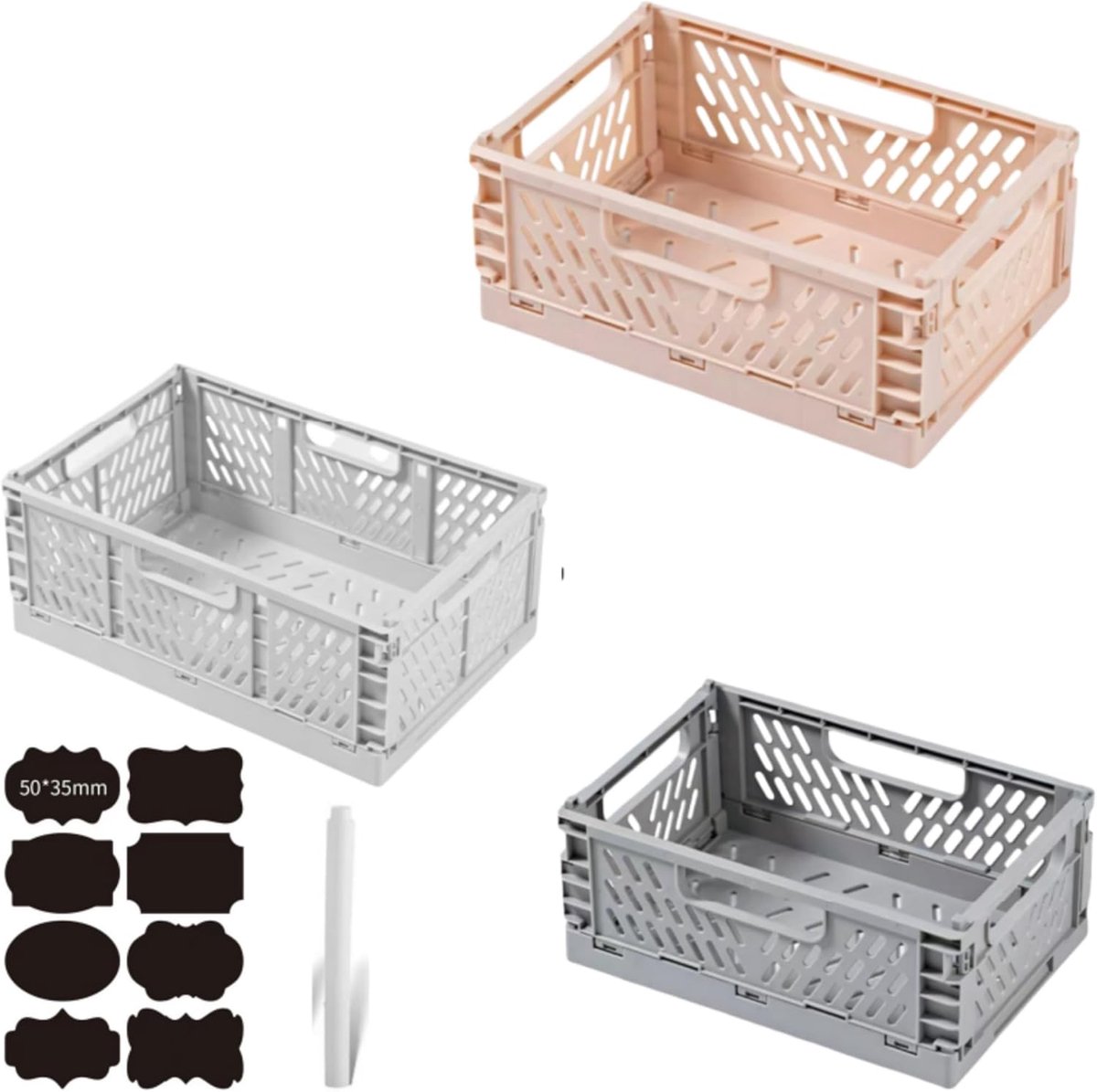 3 Stuks Grote Opvouwbare Opbergdozen,Kunststof Vouwdozen Wit,Grijs,Roze,Tapelbare Plastic Opbergkratten,42*28*16cm Opbergkist voorThuis, Klaslokaal, Kantoor