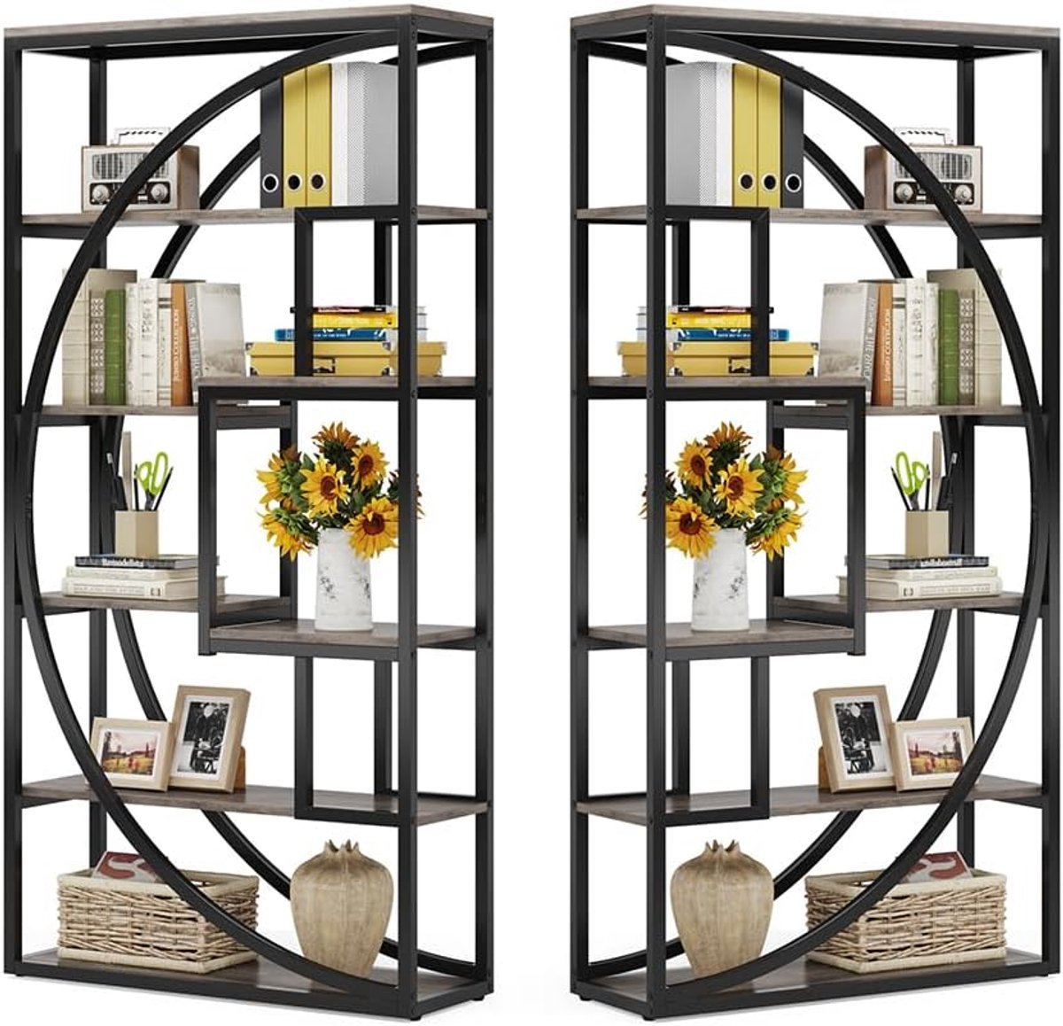 Boekenkast, industrieel boekenkast, 5 verdiepingen, 180 cm hoog, met 8 open opbergrekken, boekenrek, display, tackeenheid voor thuiskantoor, woonkamer, vintage grijs