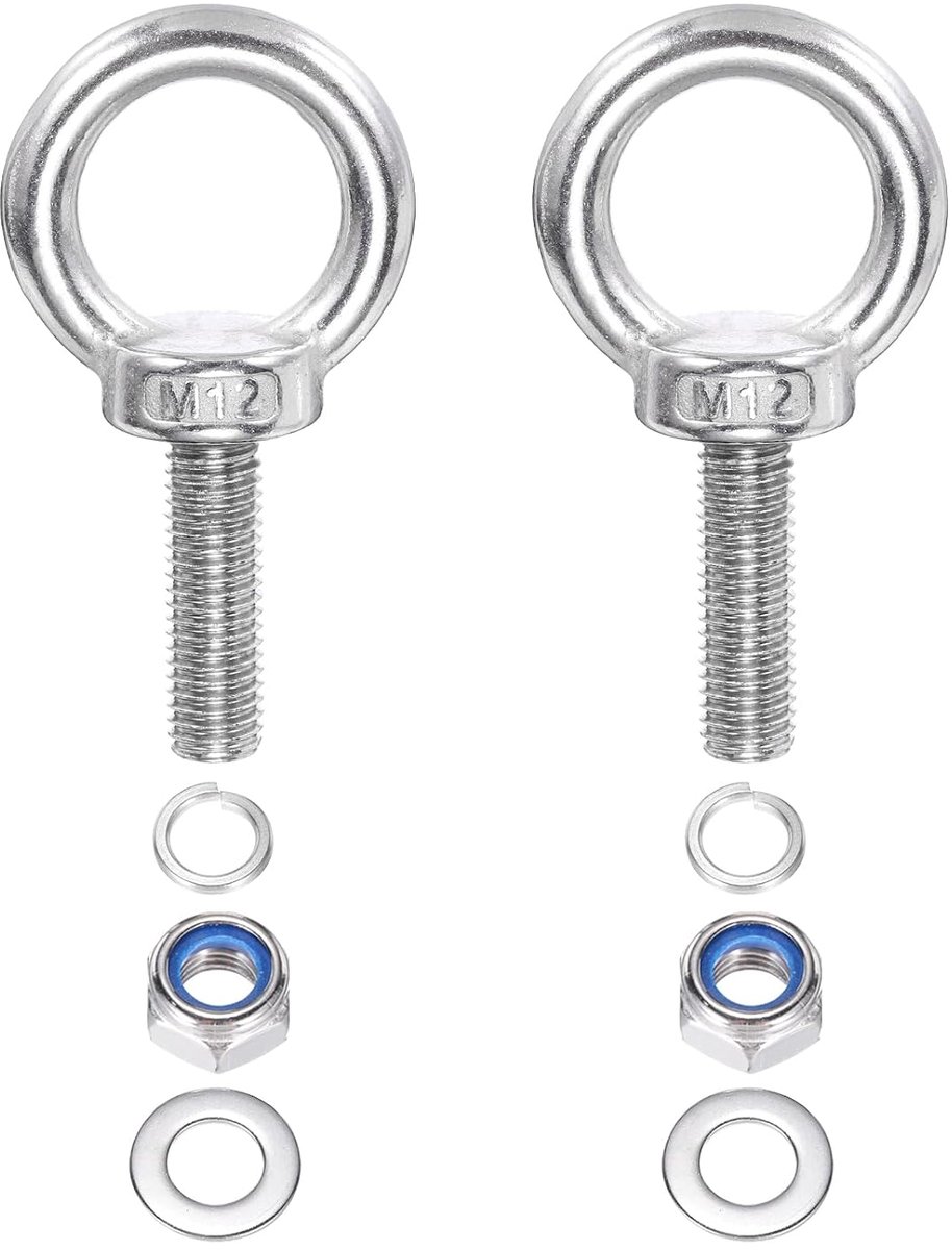 M12 x 40 mm schouderschroef voor het optillen, 2 stuks roestvrij staal 304 ringhefring met schroefdraad met sluitringen, moeren voor het ophangen van hangmatten