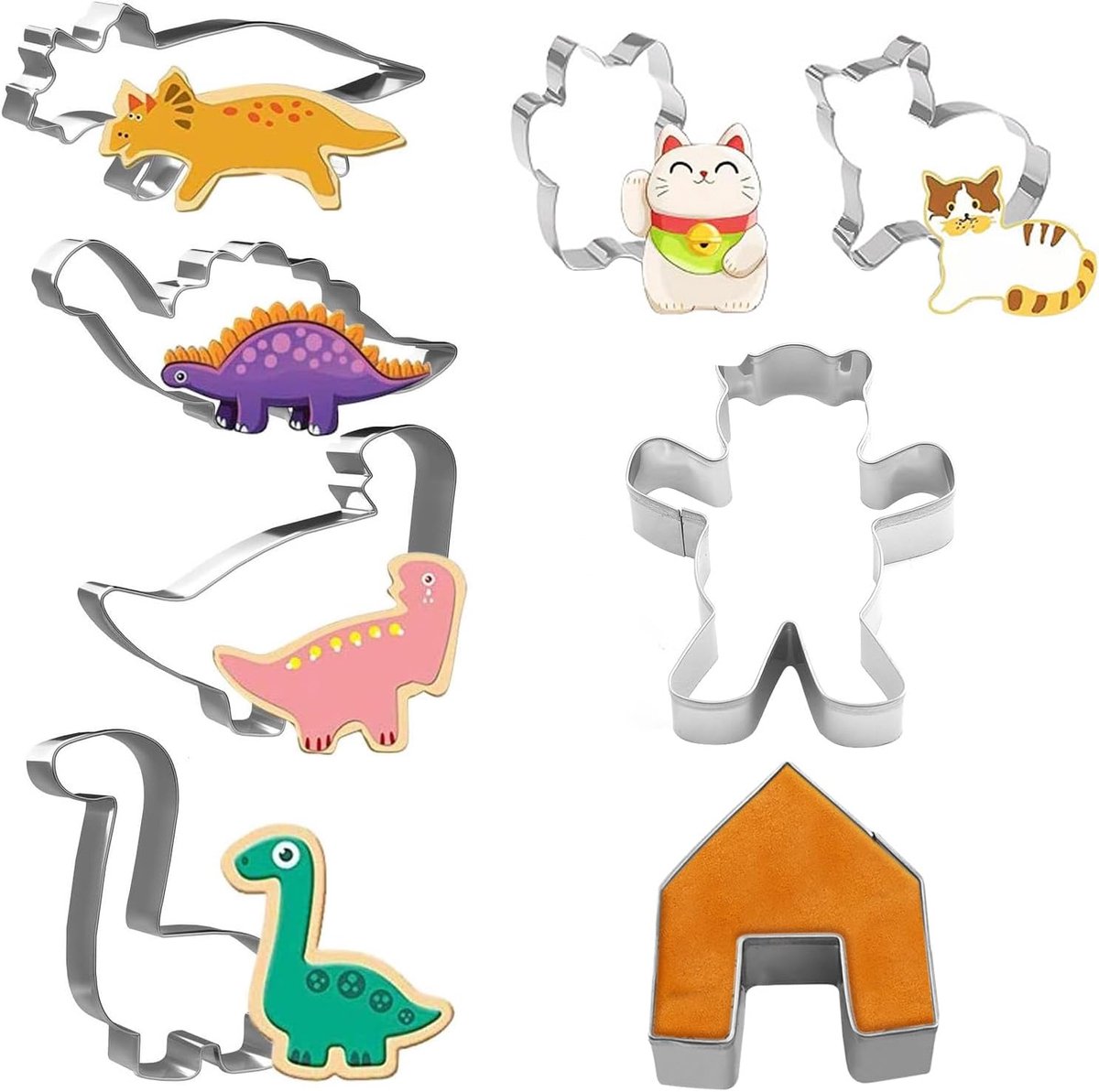 Koekjesuitsteekset 8-delig - RVS - Dinosaurussen, kat, beer en huis - Perfect voor kinderfeestjes - ShopVlot