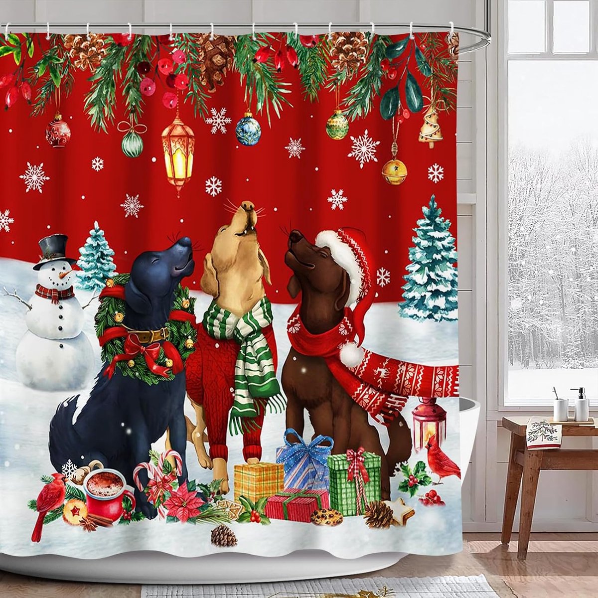 Douchegordijn Kerst 180x180cm - Polyester - Sneeuwvlokken en honden - Perfect voor winterse badkamerdecoratie - ShopVlot