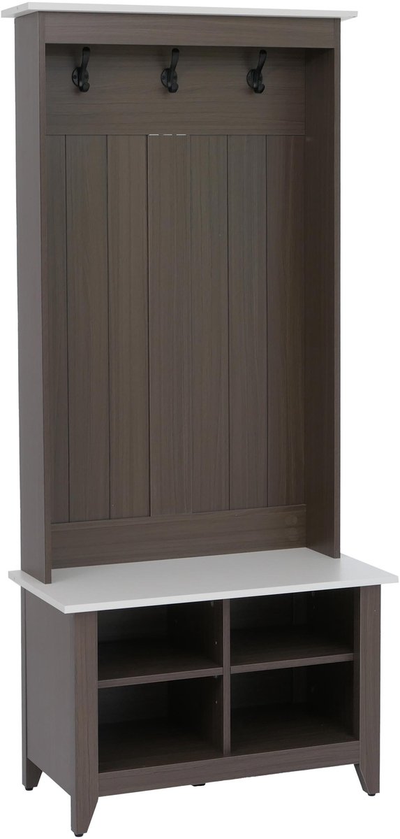 MCW Garderobekast MCW-P28, staande garderobekast met schoenenrek en zitbank, 3 haken, 4 opbergvakken, melamine, 170 x 76 x 39 cm ~ walnootlook, beige