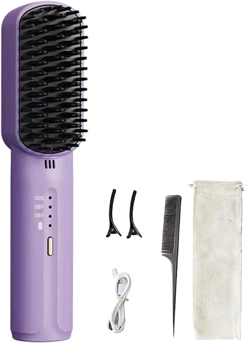 Draadloze Stijltang Kam - Mini Styler Reis Styler - Haar Stylen - Negatieve Ion Technologie - 18.5 cm - Paars