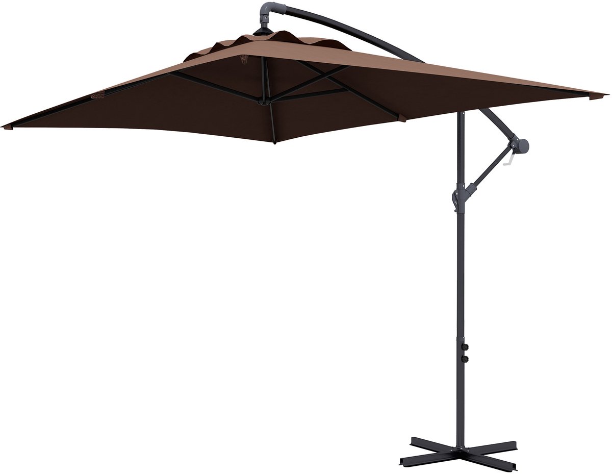 Grote zwevende parasol in rechthoekige vorm met bedieningshendel – lengte 294 × breedte 193 × hoogte 250 cm – kastanjebruin
