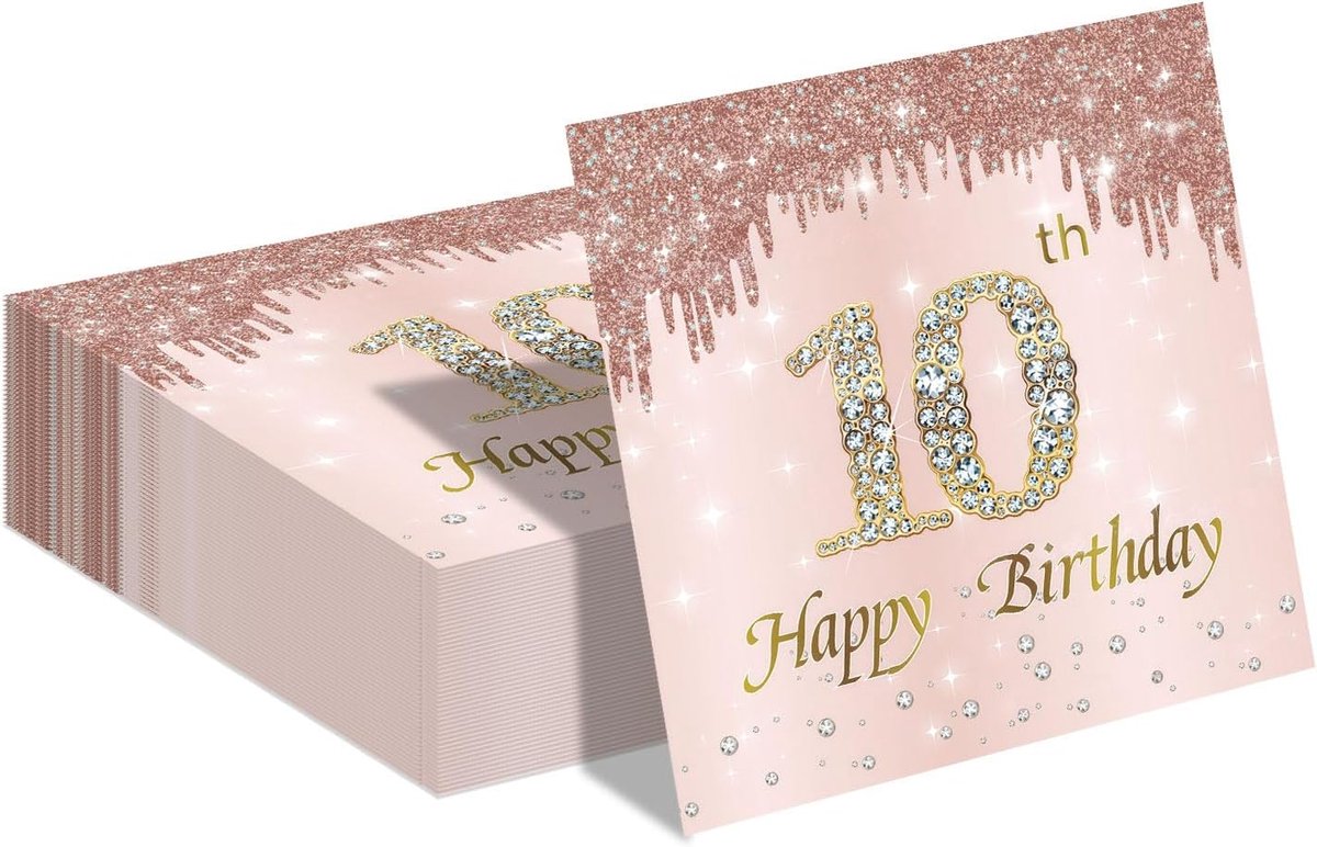 Papieren Servetten 48pcs - Rozen Gouden Strass - 10 Jaar Meisjes Verjaardagsfeest - Elegante Decoratie - ShopVlot