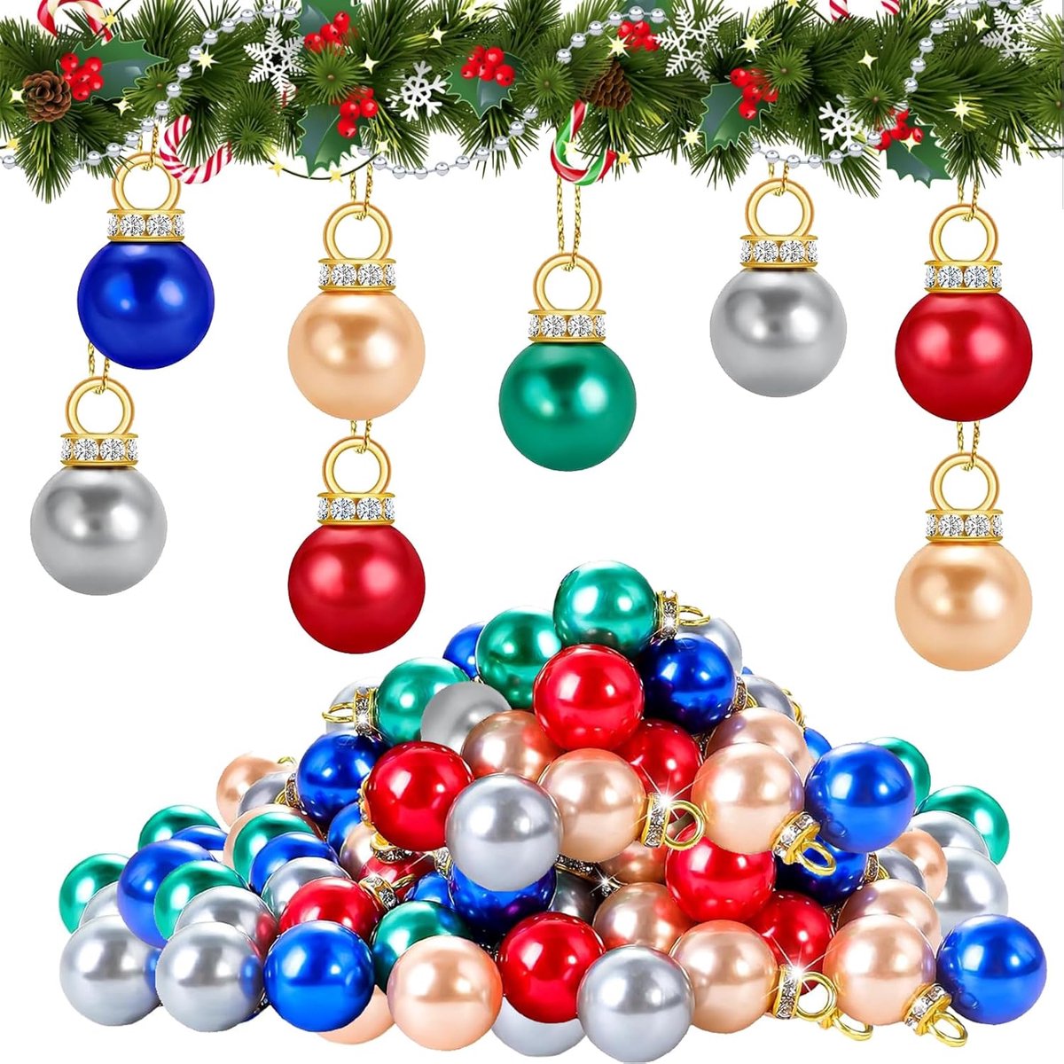 Mini kerstballen 80 stuks - kleurrijk - met 5 meter gouddraad - luxe uitstraling voor kerstboomdecoratie - ShopVlot