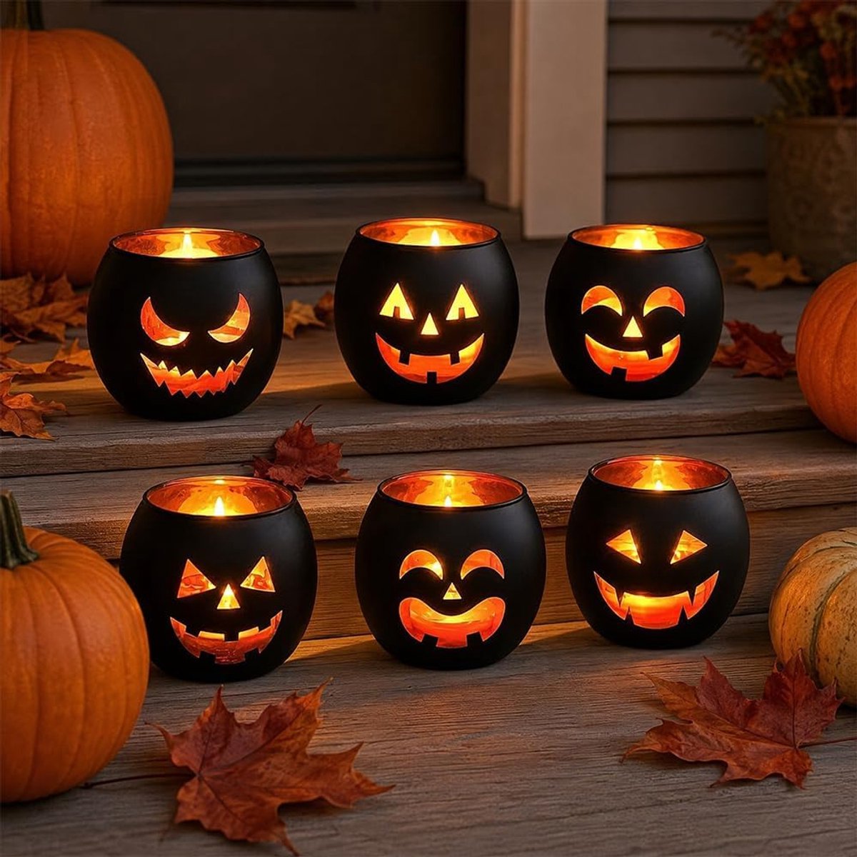 Kandelaars voor Halloween-decoratie - 6 stuks - glas met gravure - voor sfeervolle tafeldecoratie - ShopVlot